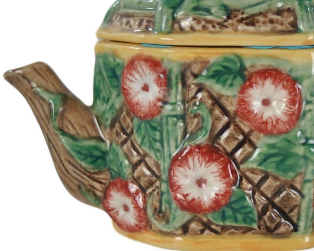 Molded Miniature Majolica-Glazed Teapot, on a Porcelain Body, English, circa 1920 For Sale