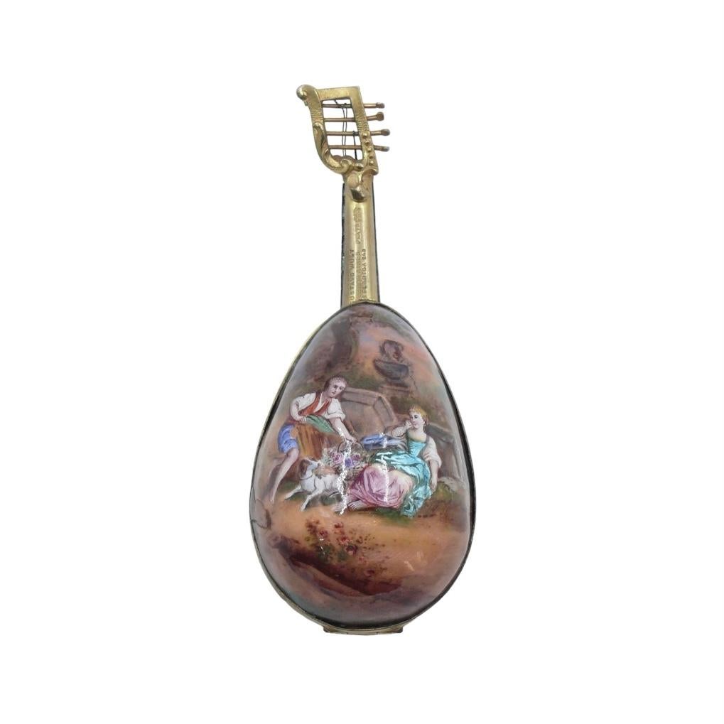 Miniature mandolin enamel and solid silver box
Origin Austria Circa 1870
Empire style stamped 950 silver
represents a mandolin and opens like a box
also enameled inside
It was sold at WUST house Buenos Aires Argentina
Enamel and solid silver
The