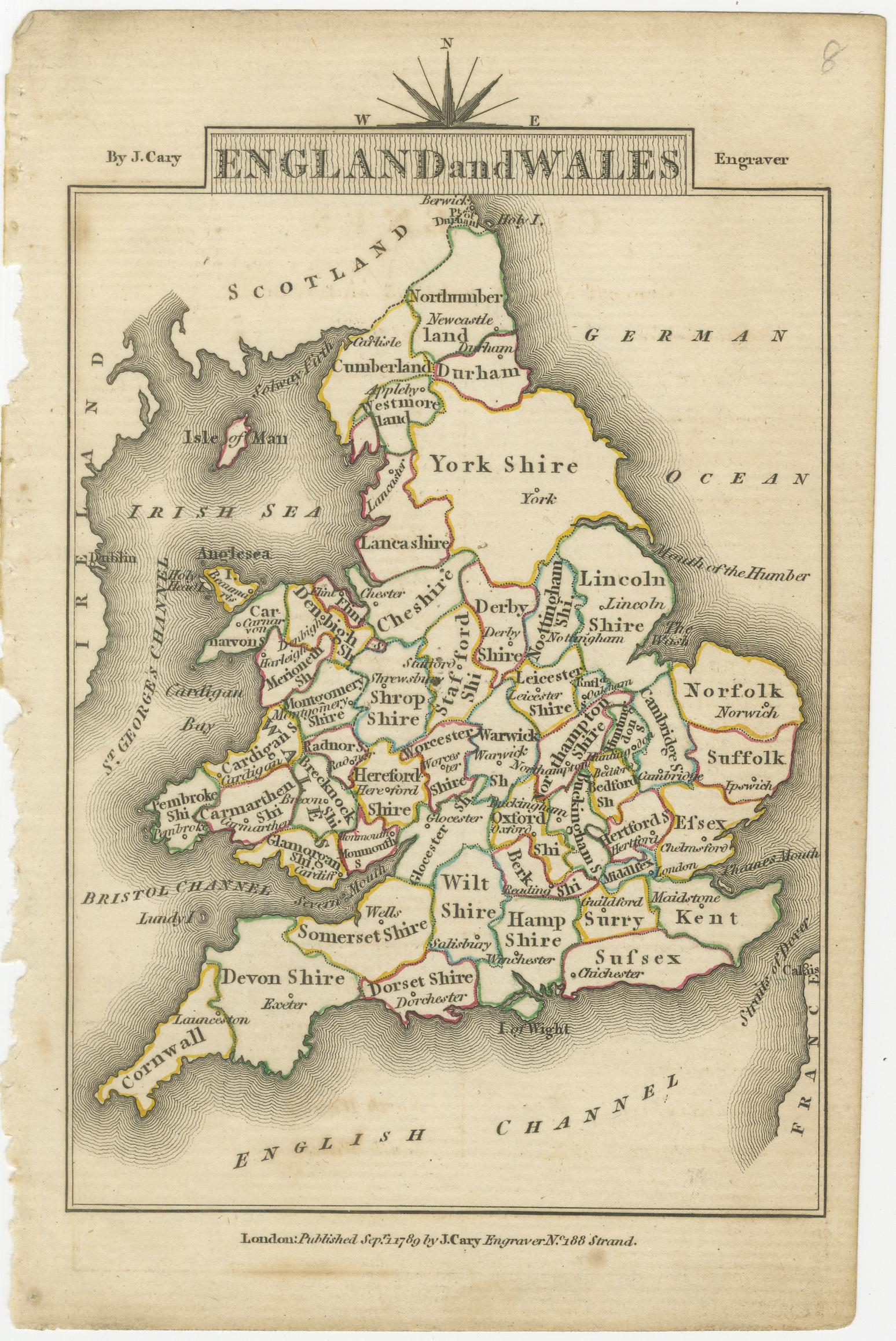 Antique map titled 'England and Wales'. An attractive miniature map of England and Wales enhanced with hand coloring. Originates from Cary's 'Traveller's Companion', 1789.