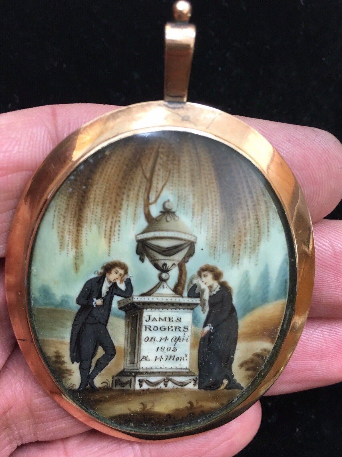 Miniature Mourning Portrait Painting 14K Solid Gold Frame American In Good Condition For Sale In Santa Monica, CA