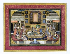 Miniature Mughal of Emperor Akbar And His Wife  In His Courtyard, 19th Century