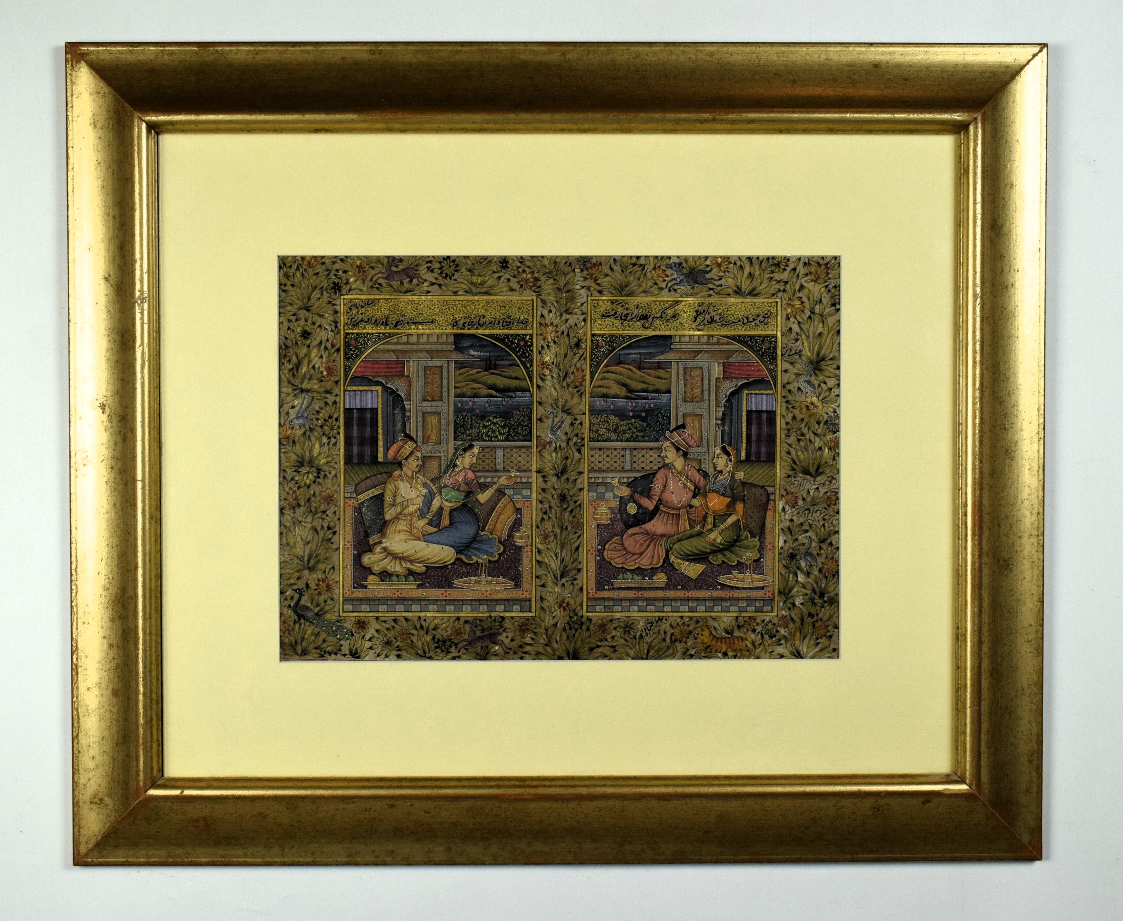 The Mughal miniature, meticulously created with a single-hair brush on delicate rice paper, depicts Emperor Shah Jahan in two distinct yet visually harmonious scenes with a courtesan. This exquisite artwork showcases the refined elegance and