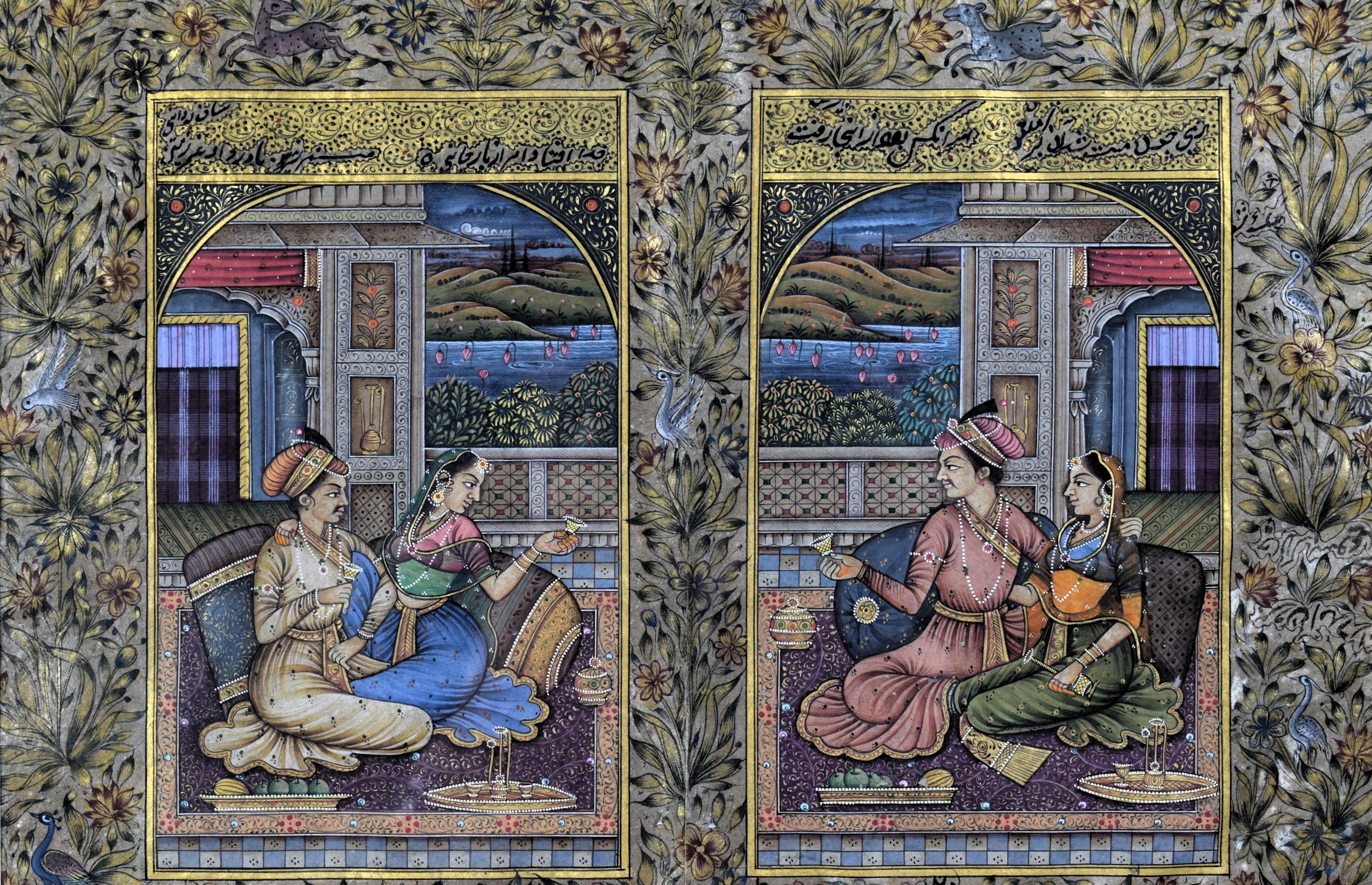Anglo Raj Miniature Mughal of Emperor Akbar And His Wife  In His Courtyard, 19th Century For Sale