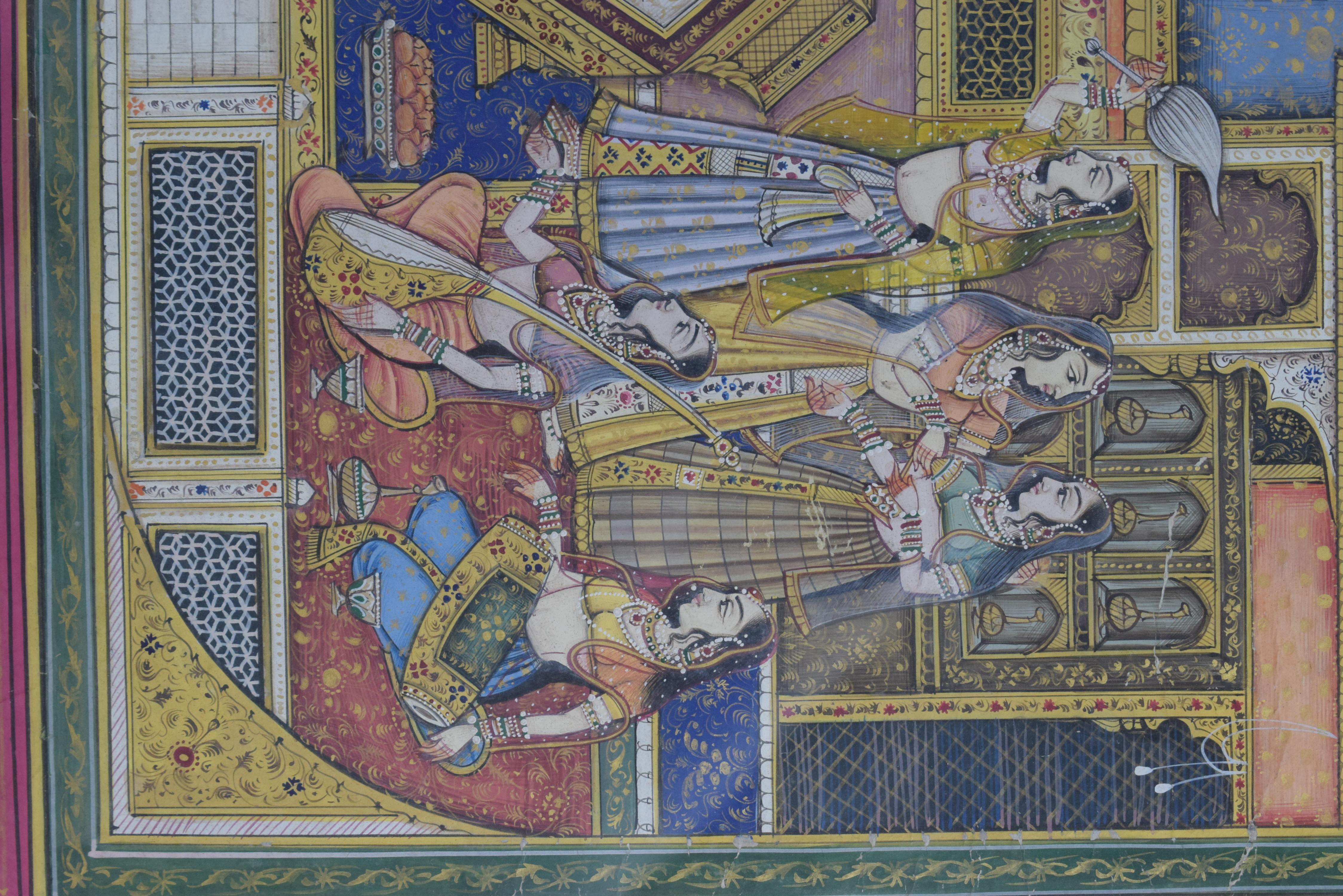 Indian Miniature Mughal of Emperor Akbar And His Wife  In His Courtyard, 19th Century For Sale