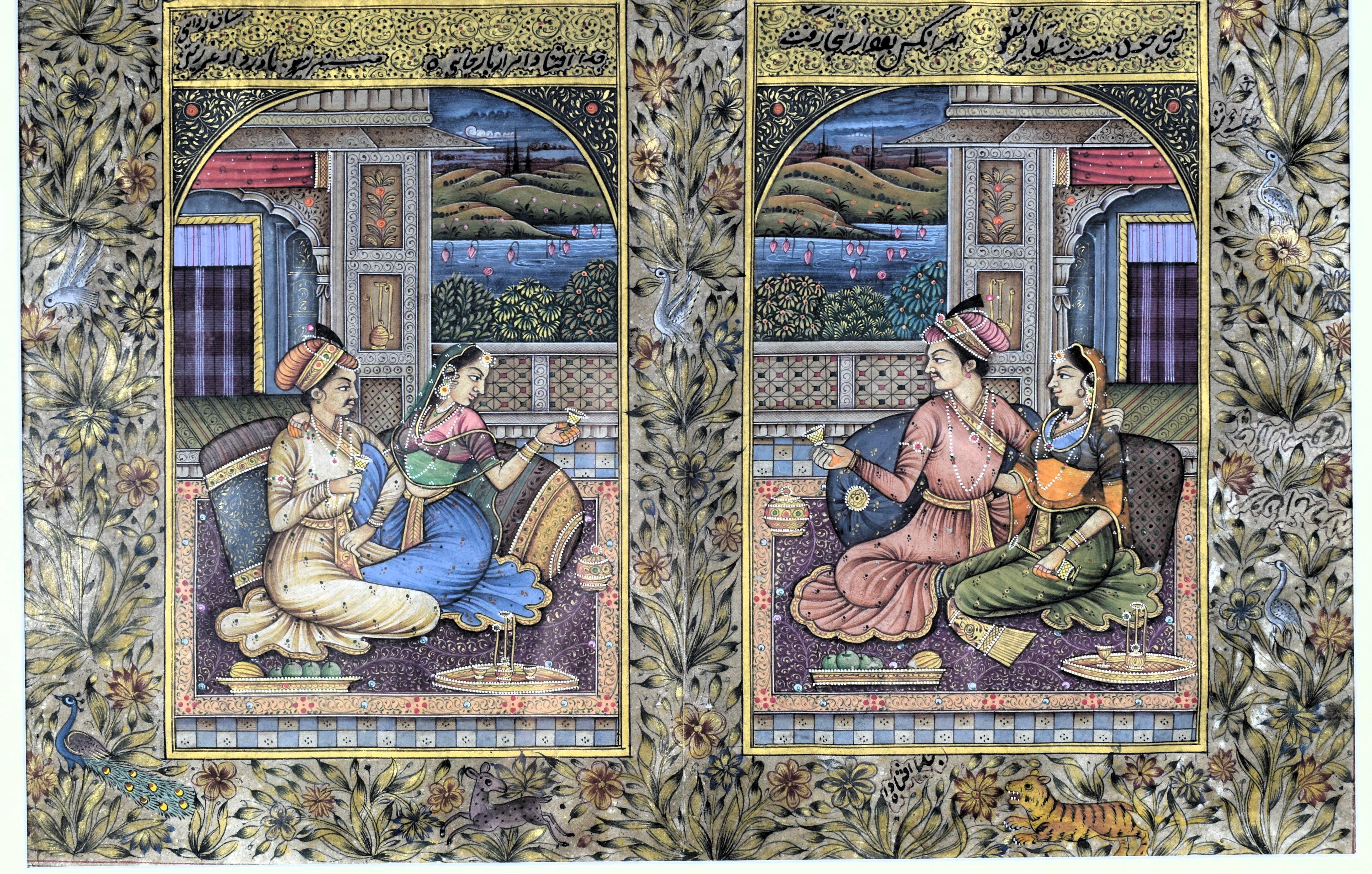 Indian Miniature Mughal of Emperor Akbar And His Wife  In His Courtyard, 19th Century For Sale