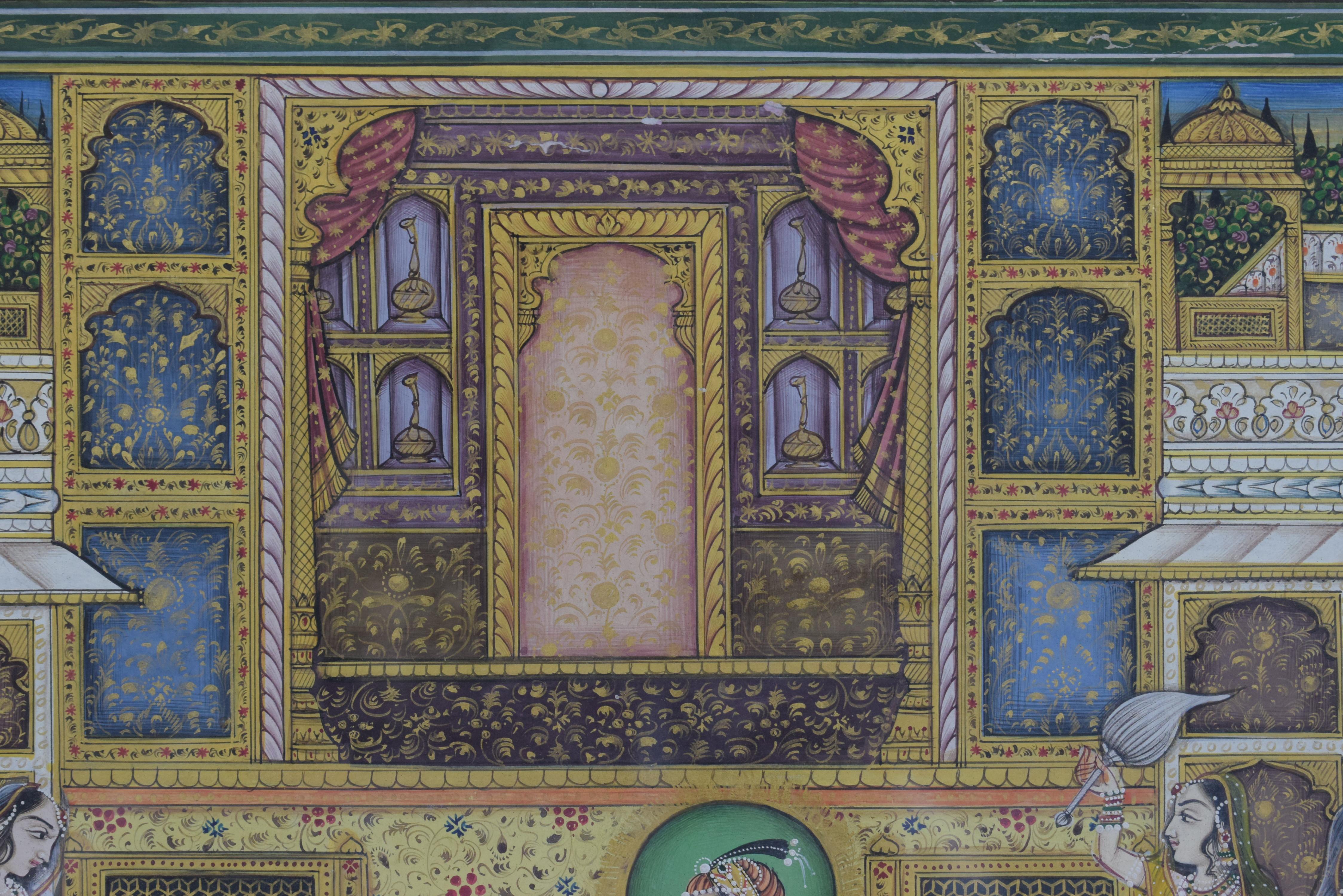 Hand-Painted Miniature Mughal of Emperor Akbar And His Wife  In His Courtyard, 19th Century For Sale