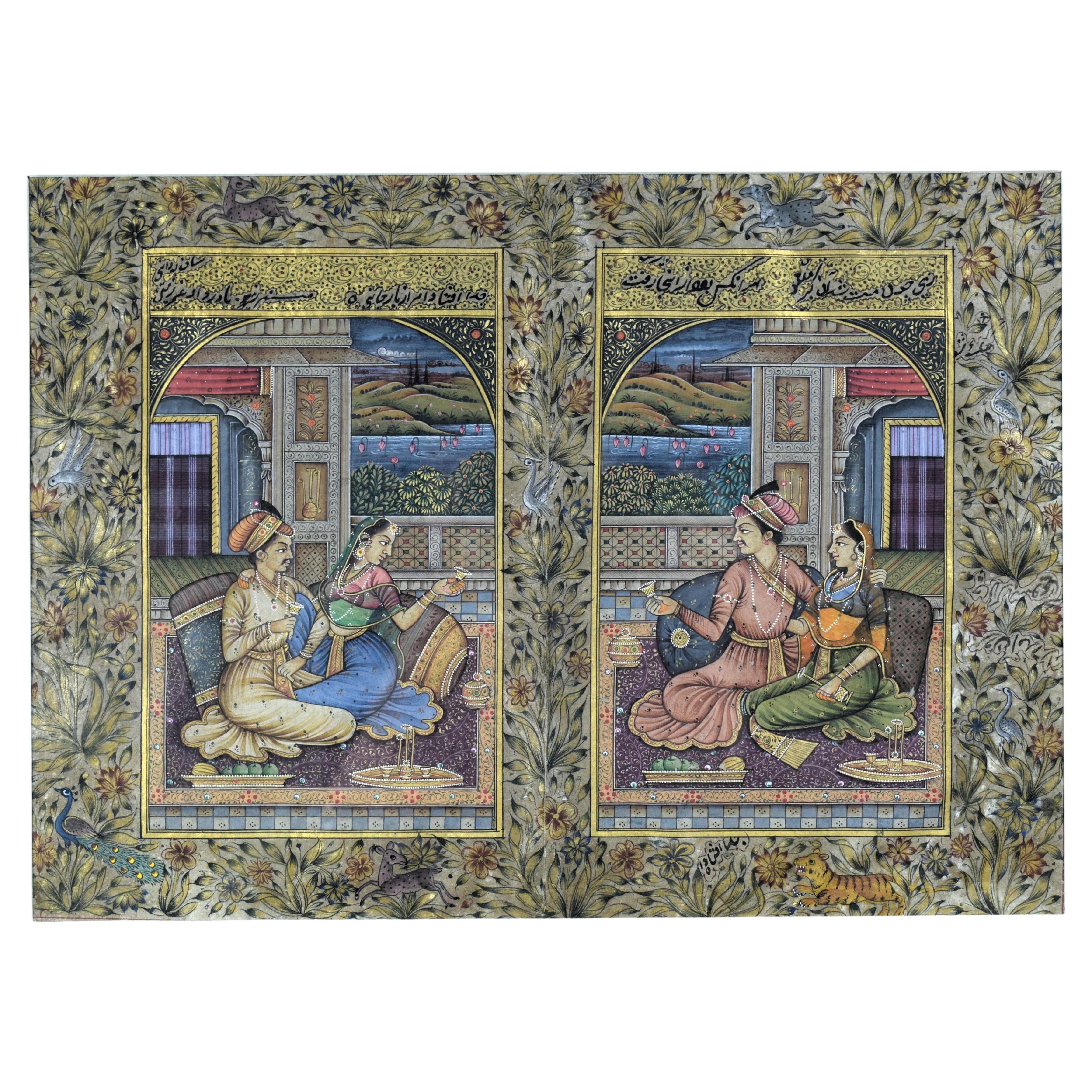 Miniature Mughal of Emperor Akbar And His Wife  In His Courtyard, 19th Century