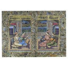 Antique Miniature Mughal of Emperor Akbar And His Wife  In His Courtyard, 19th Century