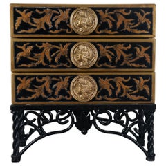 Miniature Neoclassical Style Jewelry Box Chest on Stand Wood 3 Drawer Iron Base
