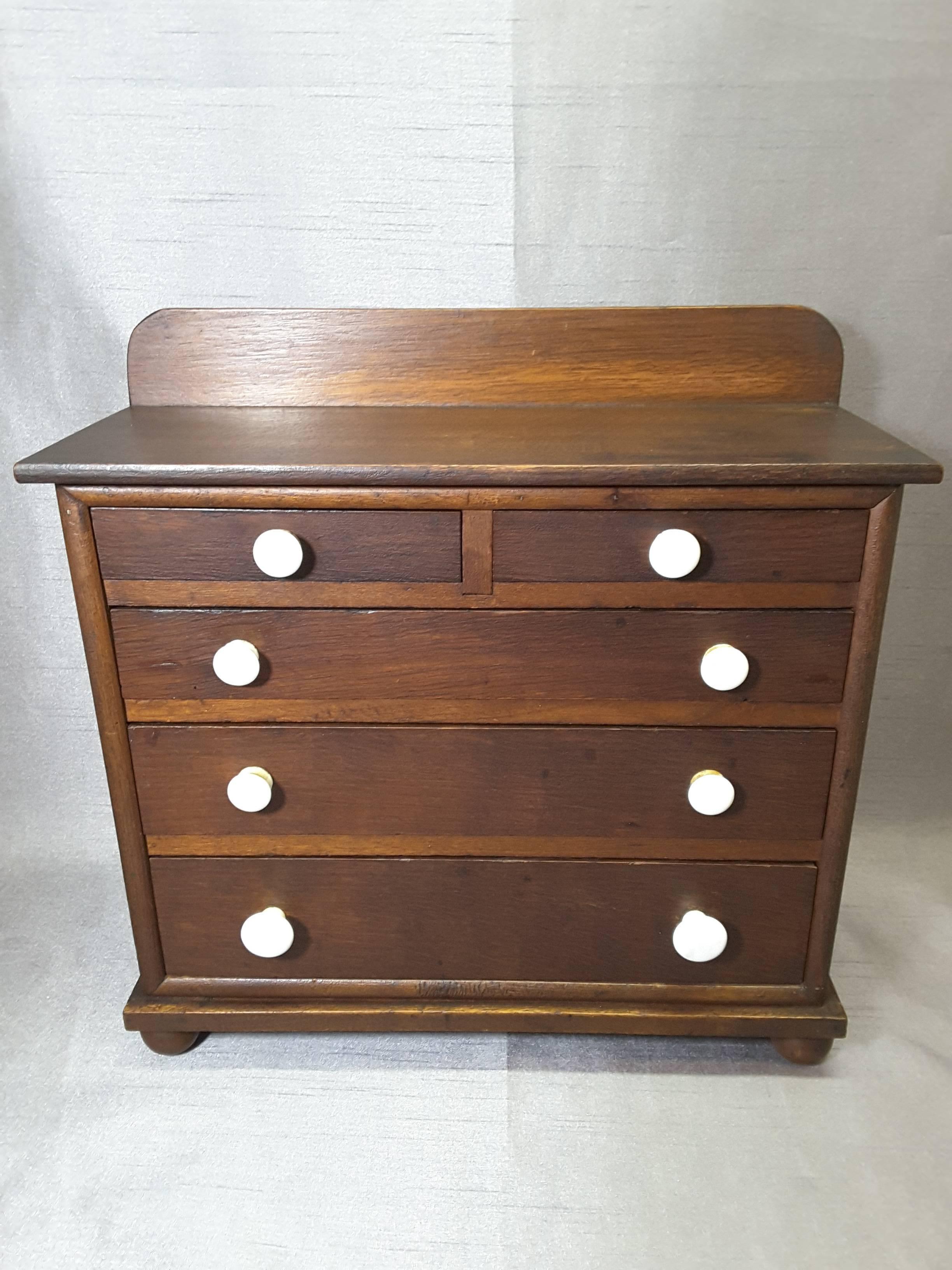 Miniature Oak Bonnet Chest Five Drawers, circa 1900 1