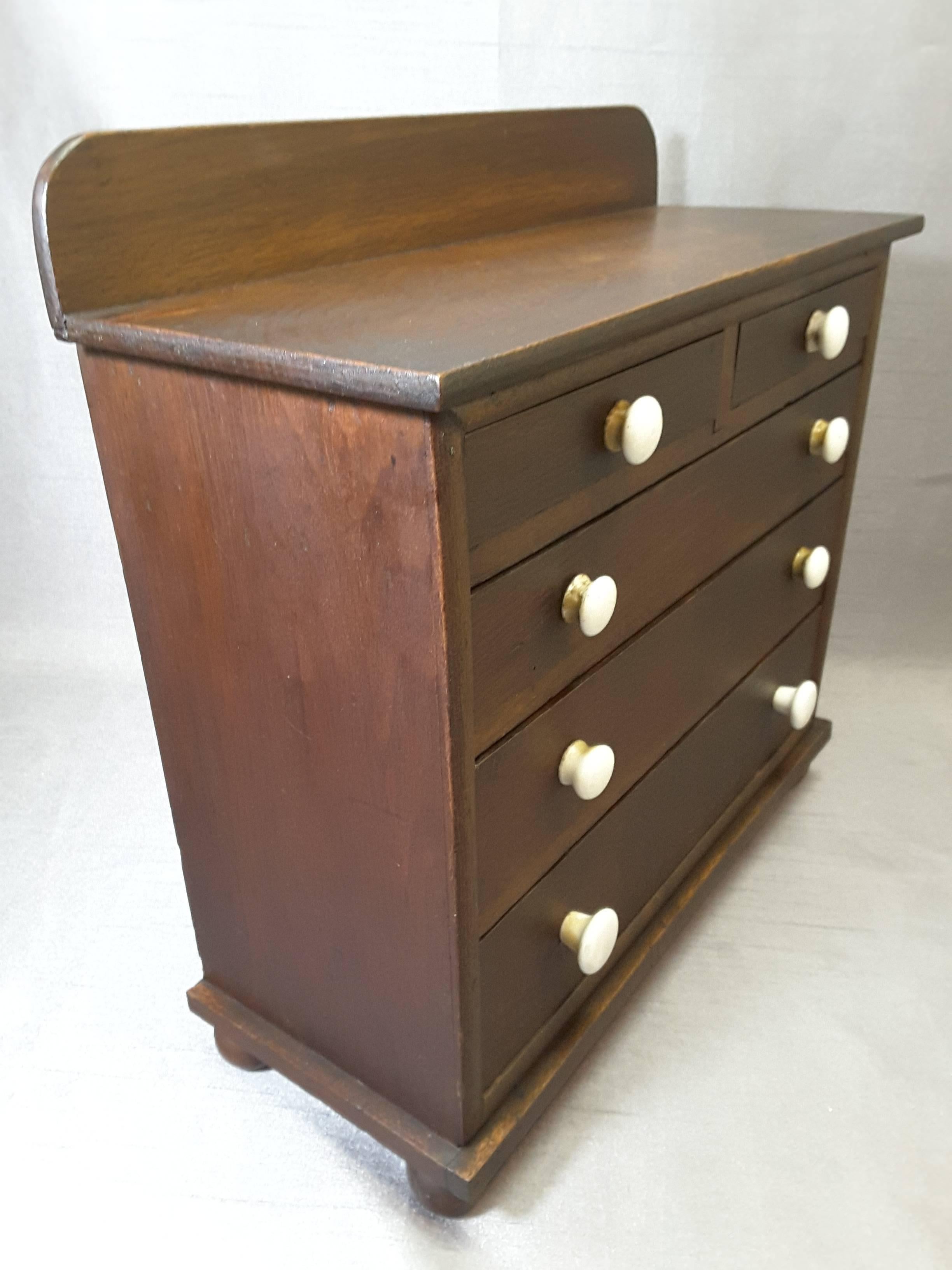 American Miniature Oak Bonnet Chest Five Drawers, circa 1900