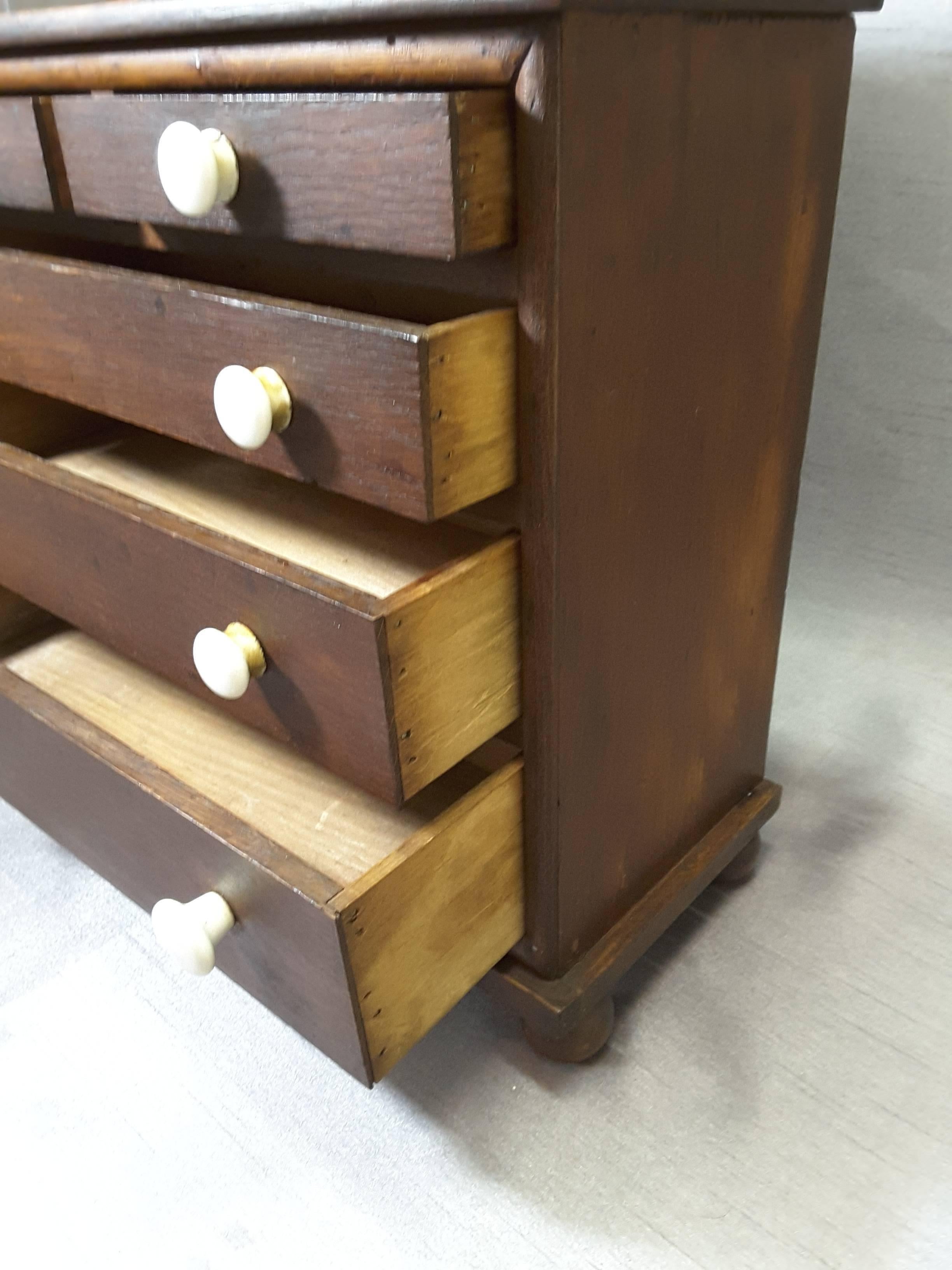 Pine Miniature Oak Bonnet Chest Five Drawers, circa 1900