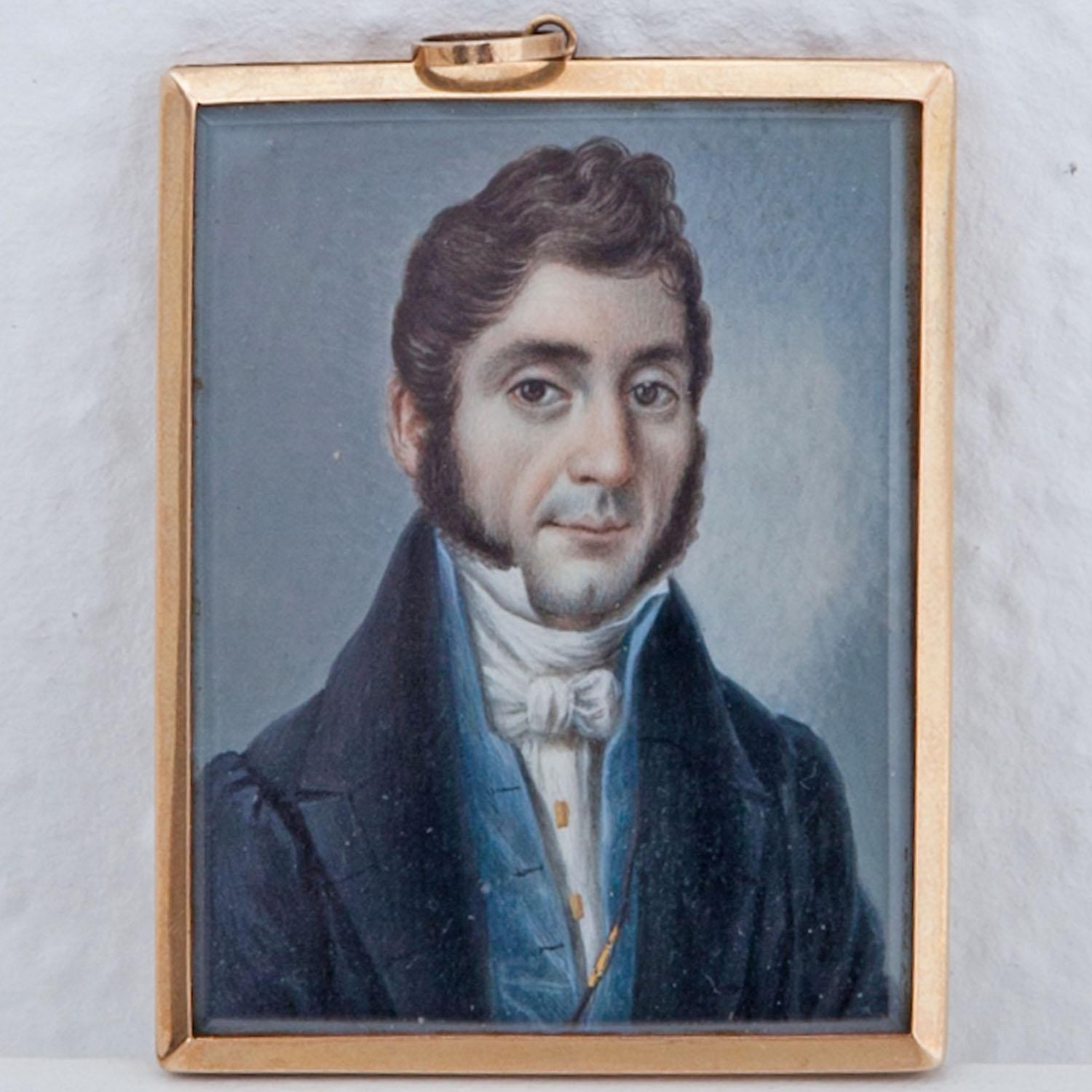 Miniature of a Gentleman of the Biedermeier Period, Brass Frame, 19th Century In Good Condition For Sale In Greding, DE