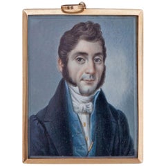 Antique Miniature of a Gentleman of the Biedermeier Period, Brass Frame, 19th Century