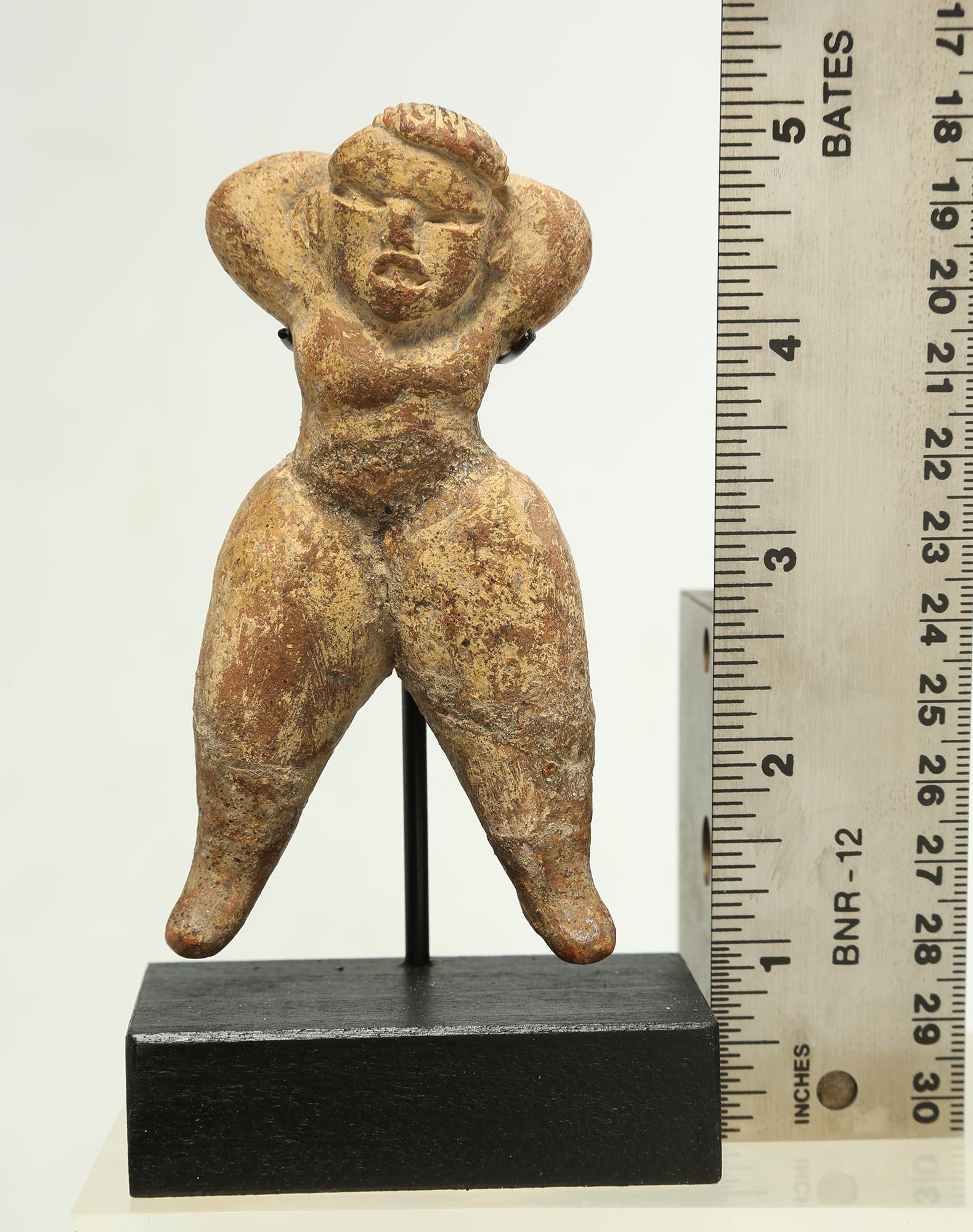 Hand-Crafted Miniature Olmec Female Figure with Hands on Head, Pre-Columbian Mexico