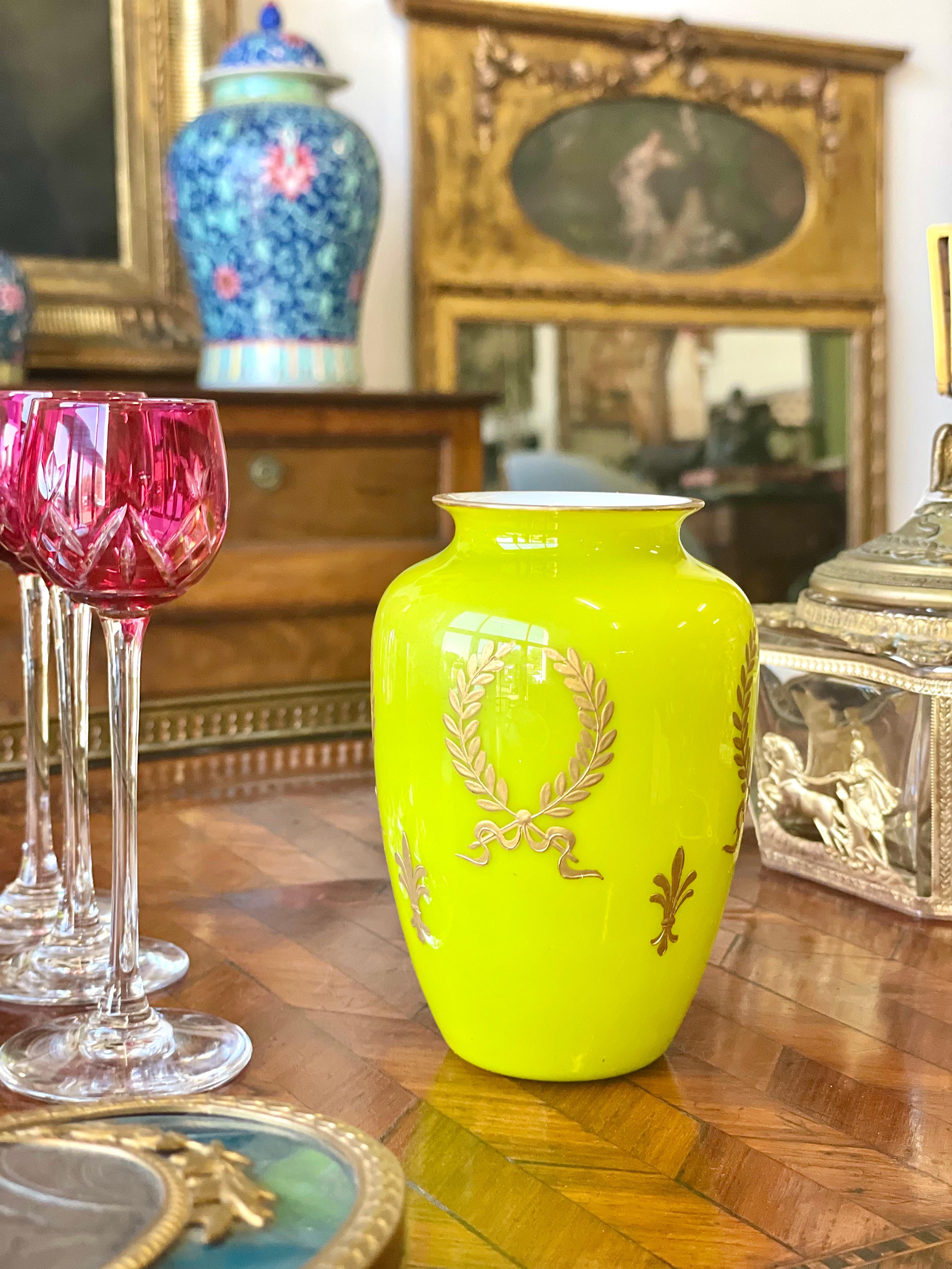 19th Century Opaline Glass Vase in Chartreuse Yellow