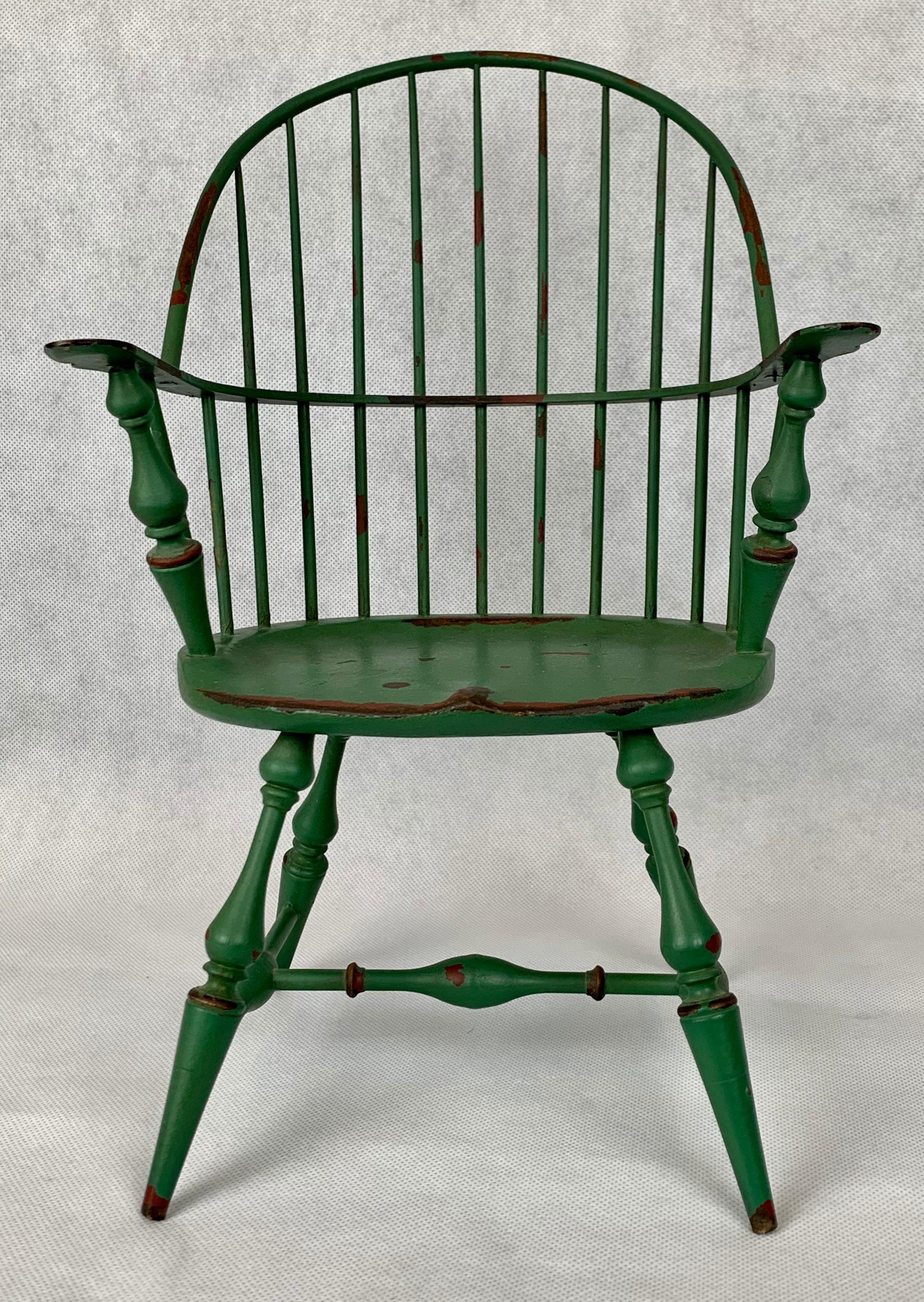 Hand-Crafted Miniature or Salesman's Sample Windsor Armchair in Green Paint