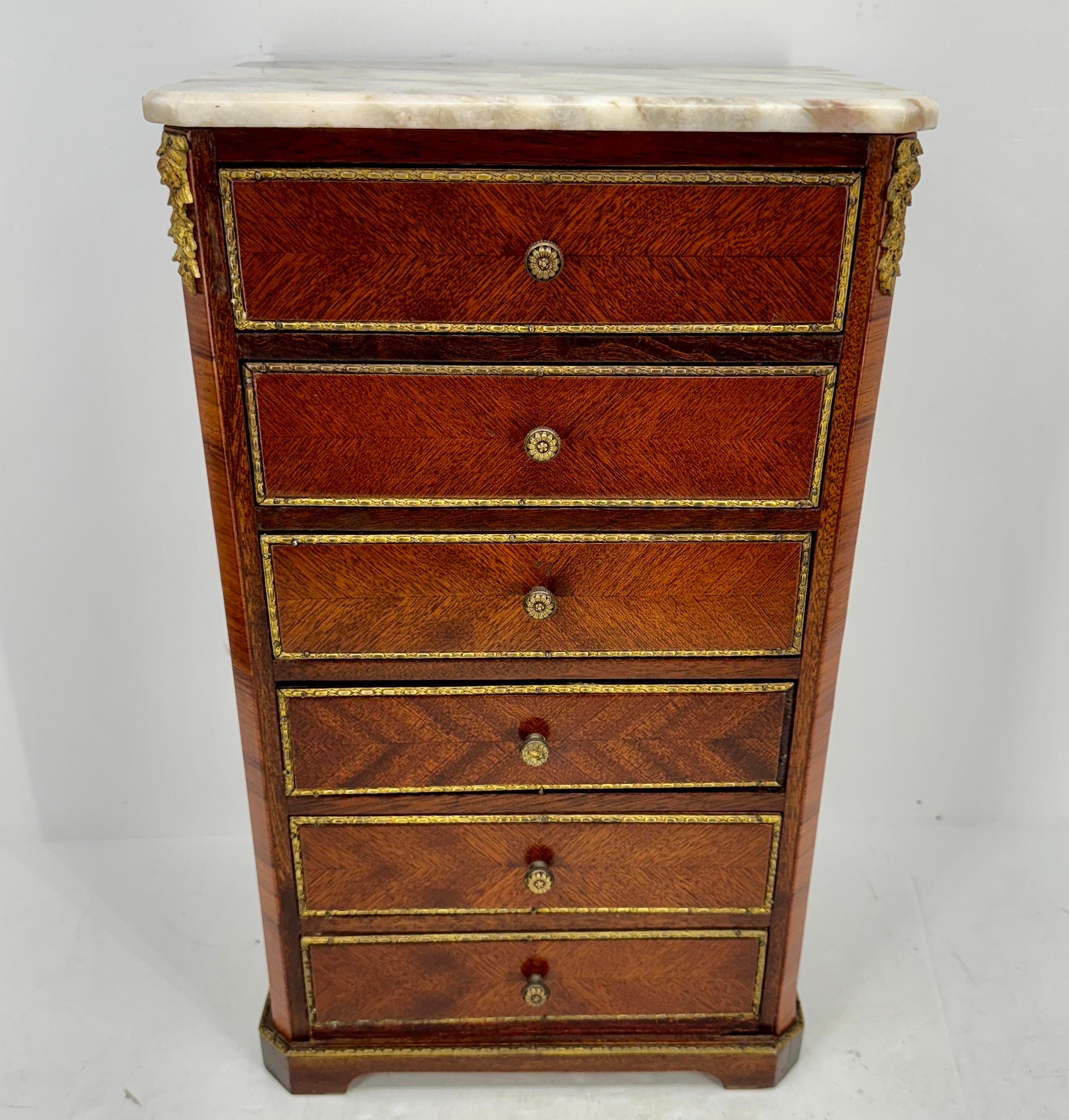 19th Century Miniature Ormolu Gilt Mounted Veneer Box Chest for Lingerie or Jewelry  For Sale