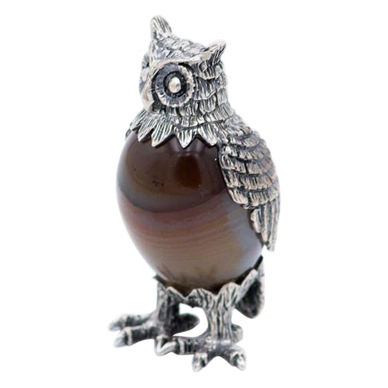 Miniature owl in silver wrapped in hard stone For Sale