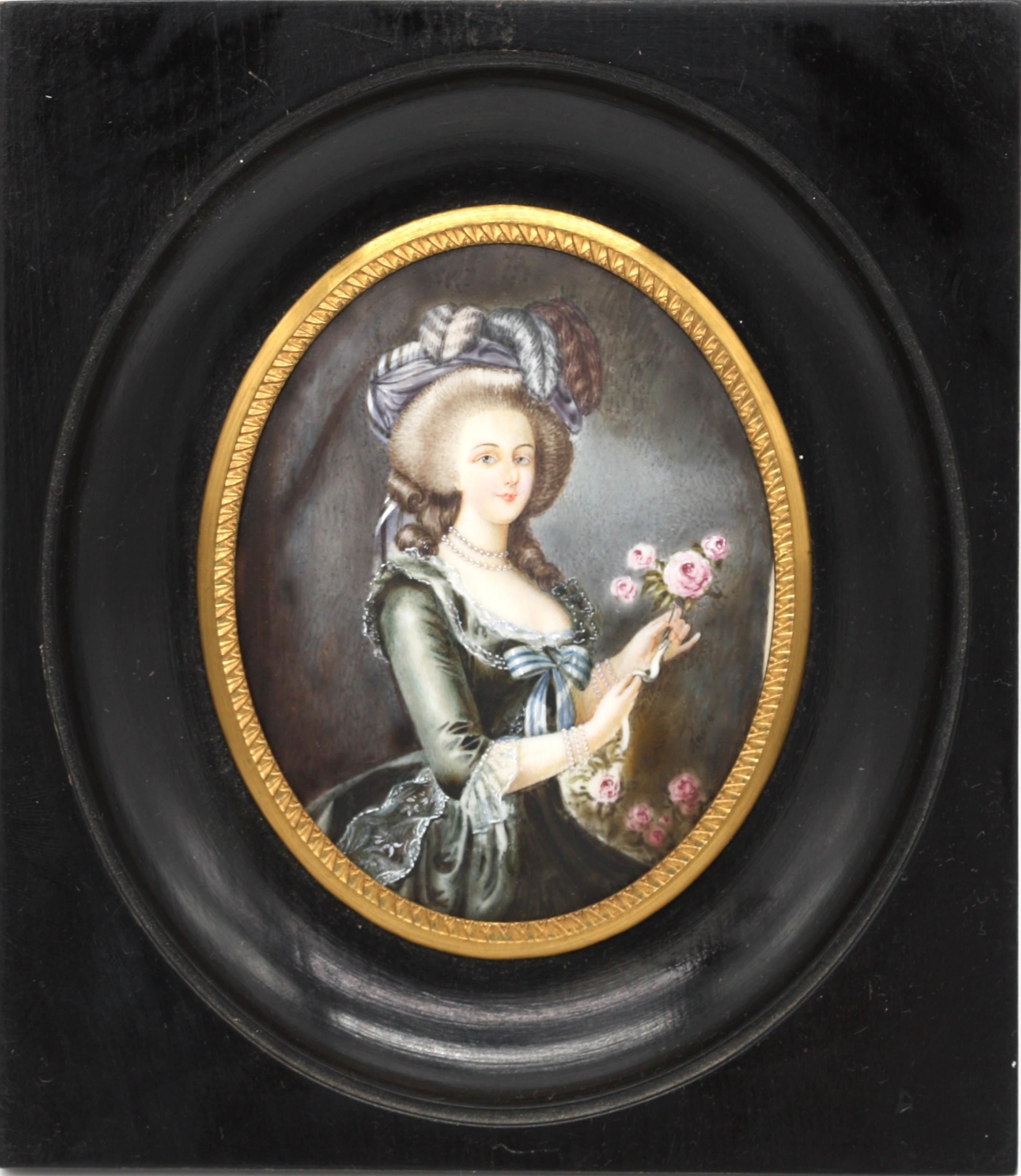 Peinture miniature
Européen. Circa 1900. 
Marie Antoinette peinte par André, signée. 
D'après l'original de Charles Le Brun (1619-1690)
Mesurant 3,75 x 3 in. (9,52 x 7,62 cm.).