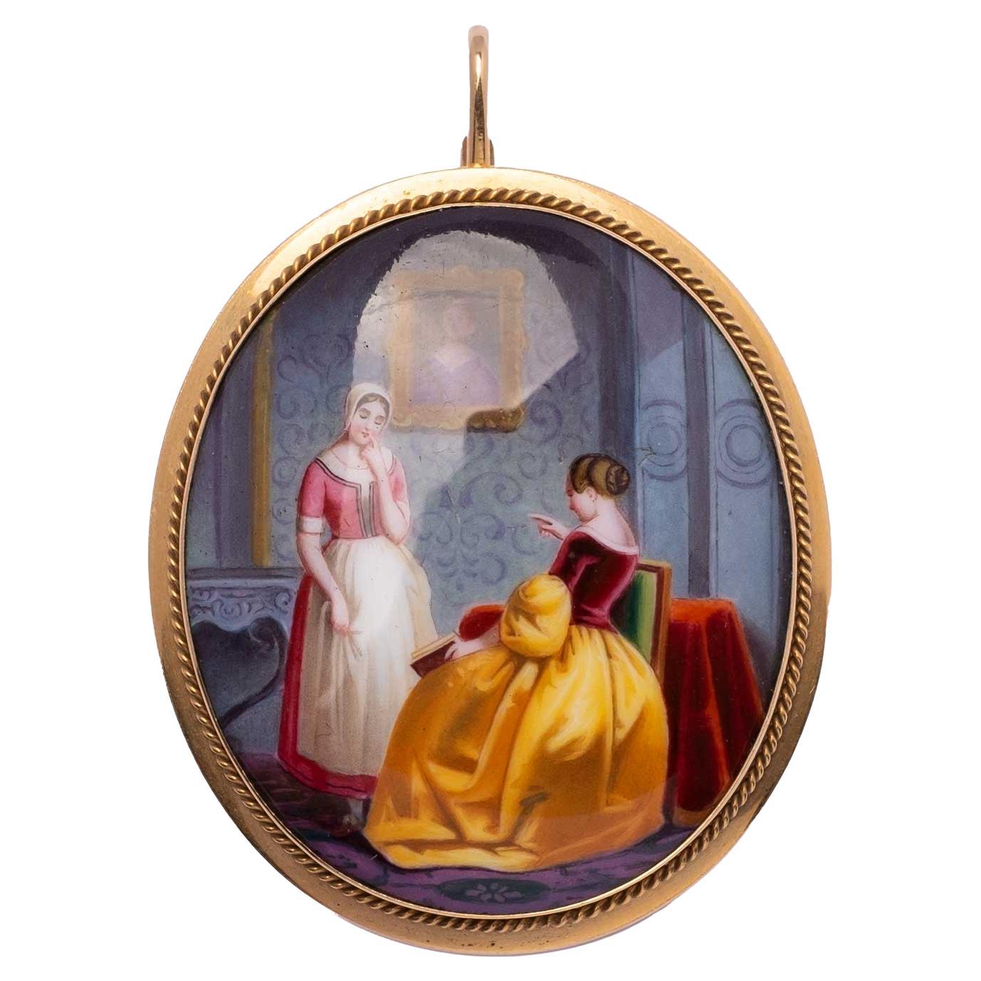 Peinture miniature en émail sertie d'or en vente