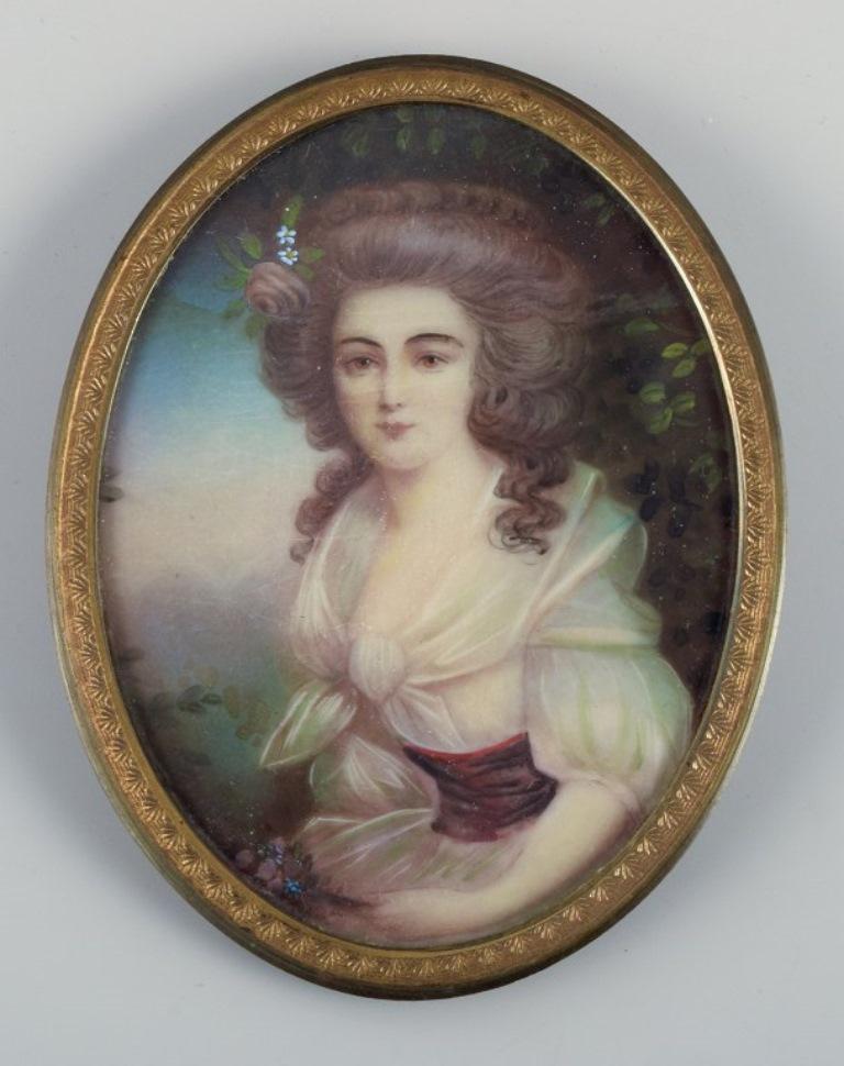 Miniaturmalerei. Porträt einer adligen Dame in einem weißen Kleid.
Aquarell auf Porzellan.
Frühe 1900er Jahre.
In ausgezeichnetem Zustand.
Rahmen aus Messing.
Gesamtabmessungen: L 9,0 x T 7,0 cm.