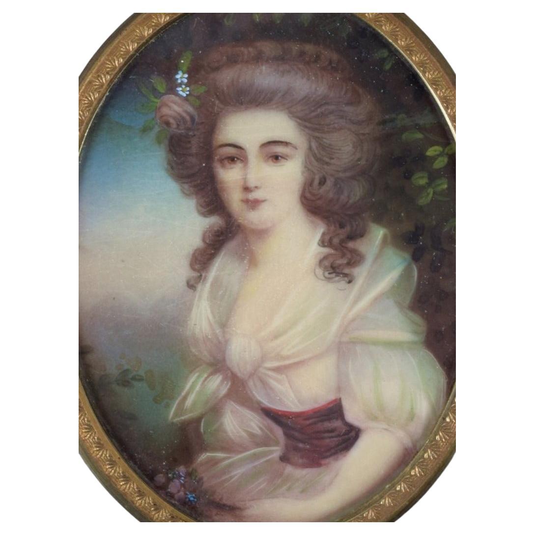 Miniature Painting. Portrait of a Noble Lady in a White Dress. Early 20th C For Sale