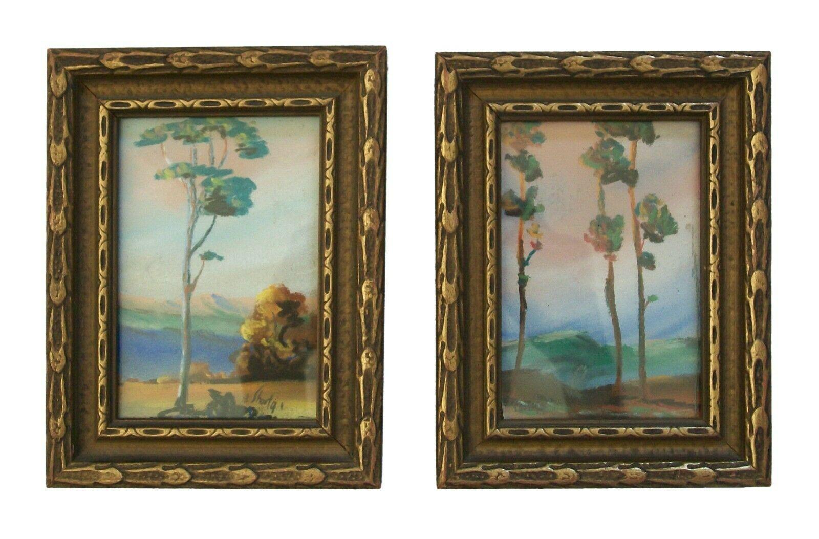 California Eucalyptus school pair of miniature framed Impressionist landscape paintings - painted in watercolor and gouache on paper (applied to board) - featuring Eucalyptus trees in the foreground set against pink and blue skies with mountains in