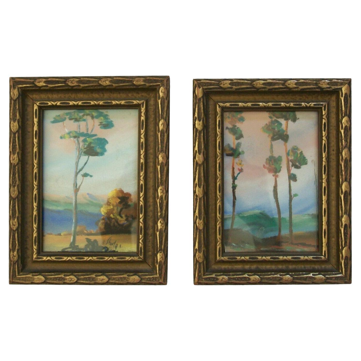 Paire de peintures miniatures américaines impressionnistes encadrées de paysages, vers 1900