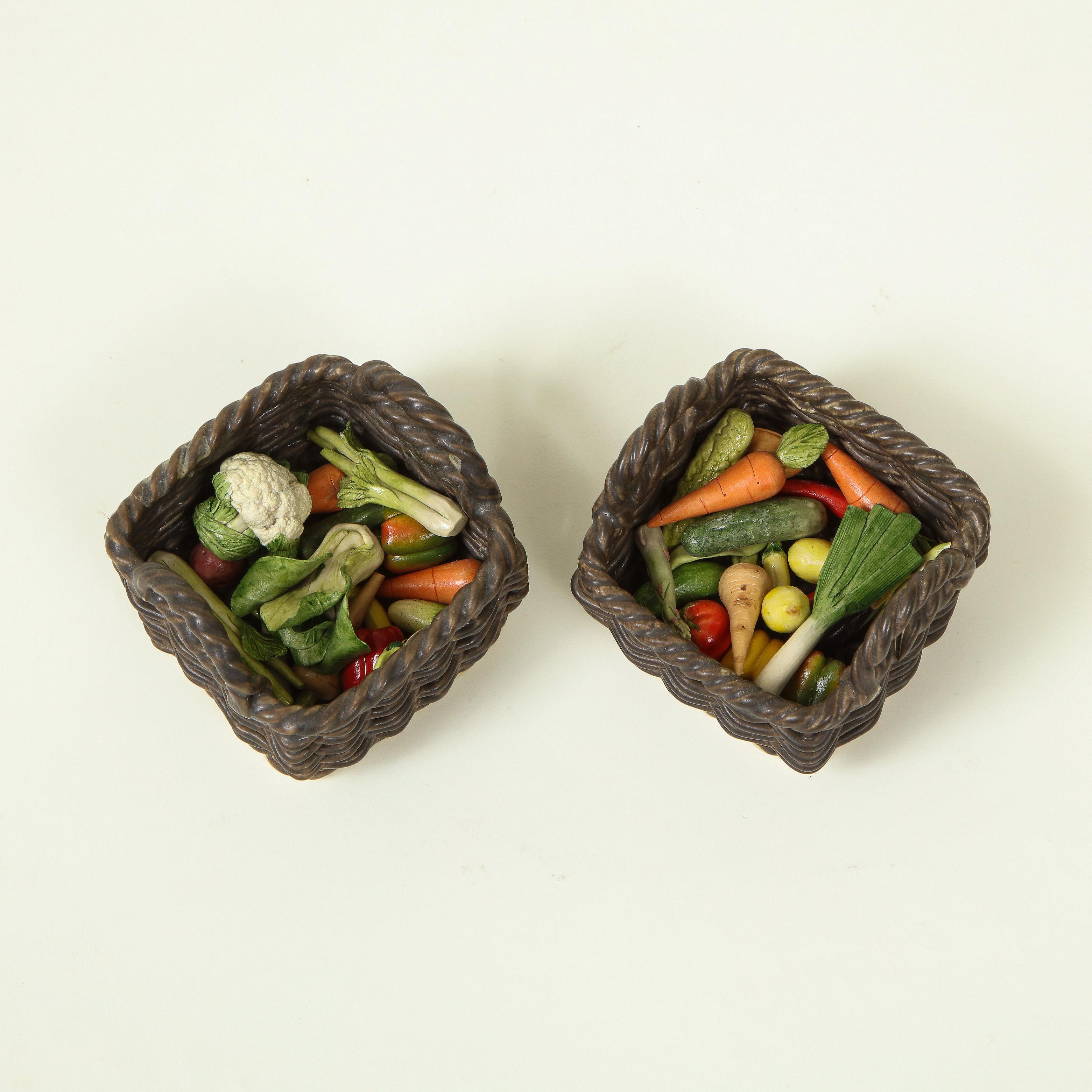 American Miniature Pair of Ceramic Wicker Baskets with Vegetables