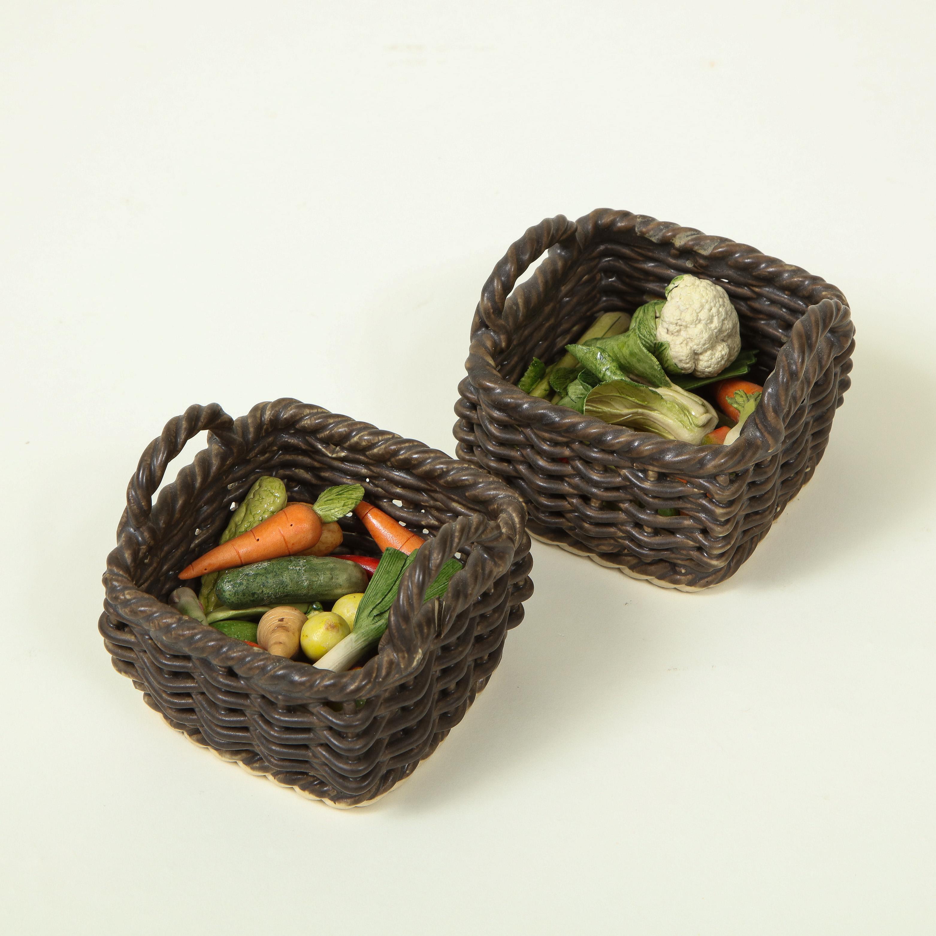 Miniature Pair of Ceramic Wicker Baskets with Vegetables In Good Condition In New York, NY