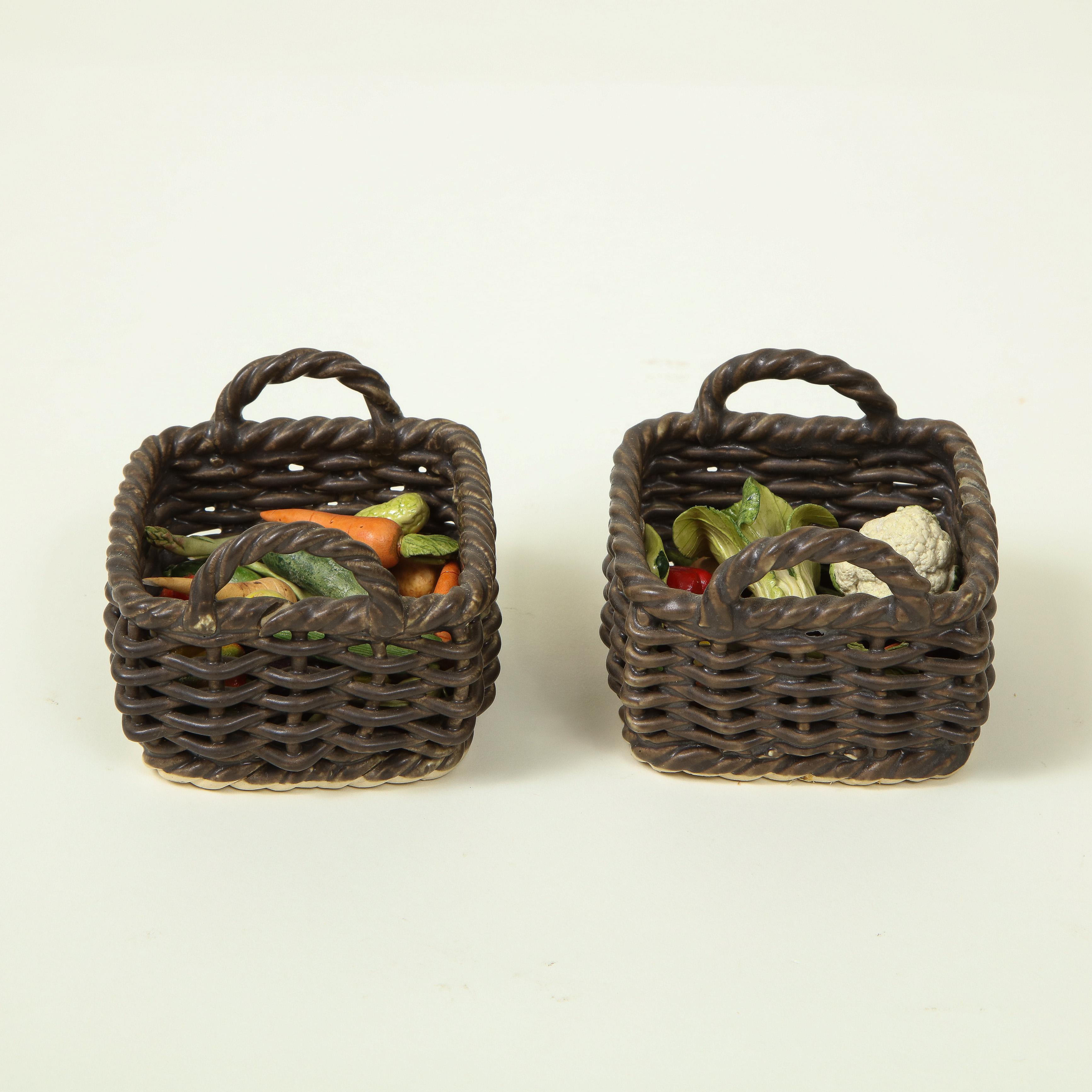 20th Century Miniature Pair of Ceramic Wicker Baskets with Vegetables