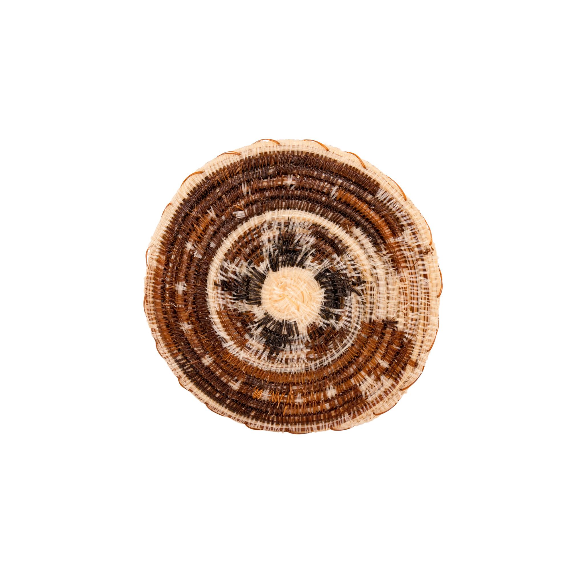 Miniature horsehair Papago plaques. Exceptionally fine weave. Featuring polychrome pictorials and geometrics. Tohono O'odham; Arizona. Attributed to accompanying card: Adeline Manuel depicting a rattlesnake motif, set in a padded display box. 3