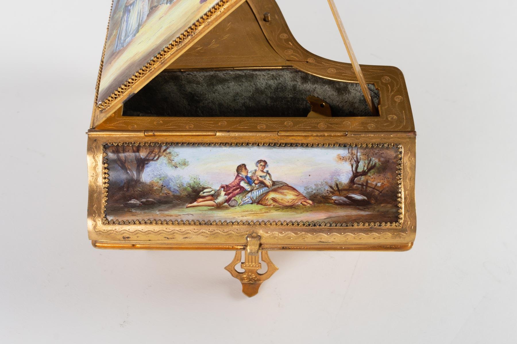 Napoleon III Miniature Piano, Music Box with Decoration of Gallant Scenes
