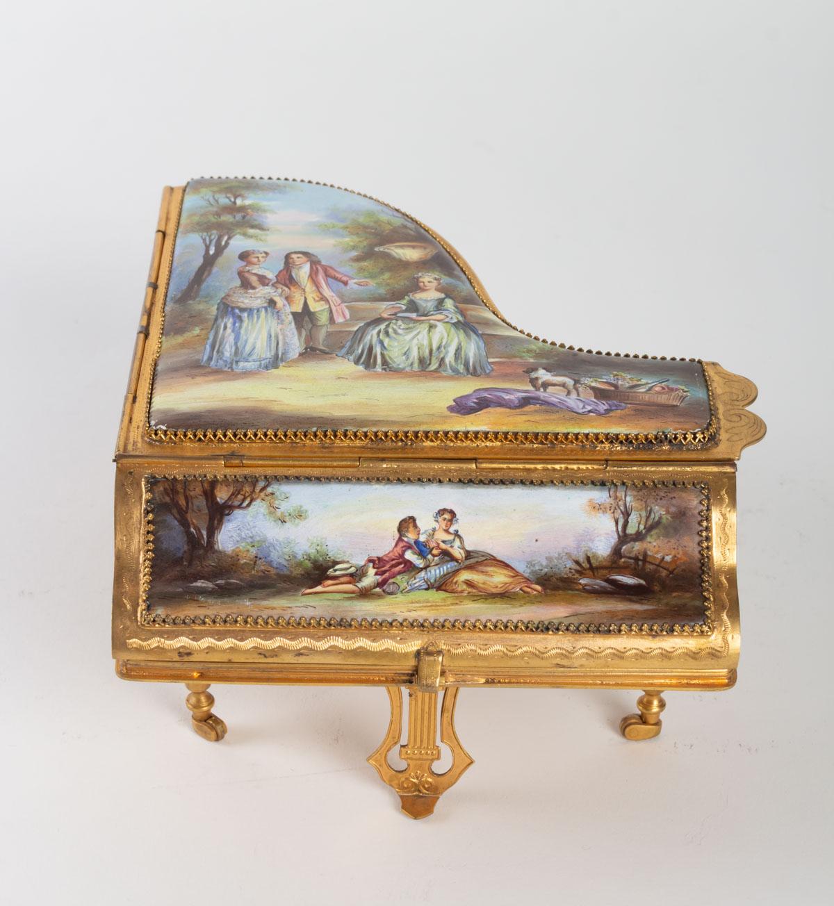 French Miniature Piano, Music Box with Decoration of Gallant Scenes