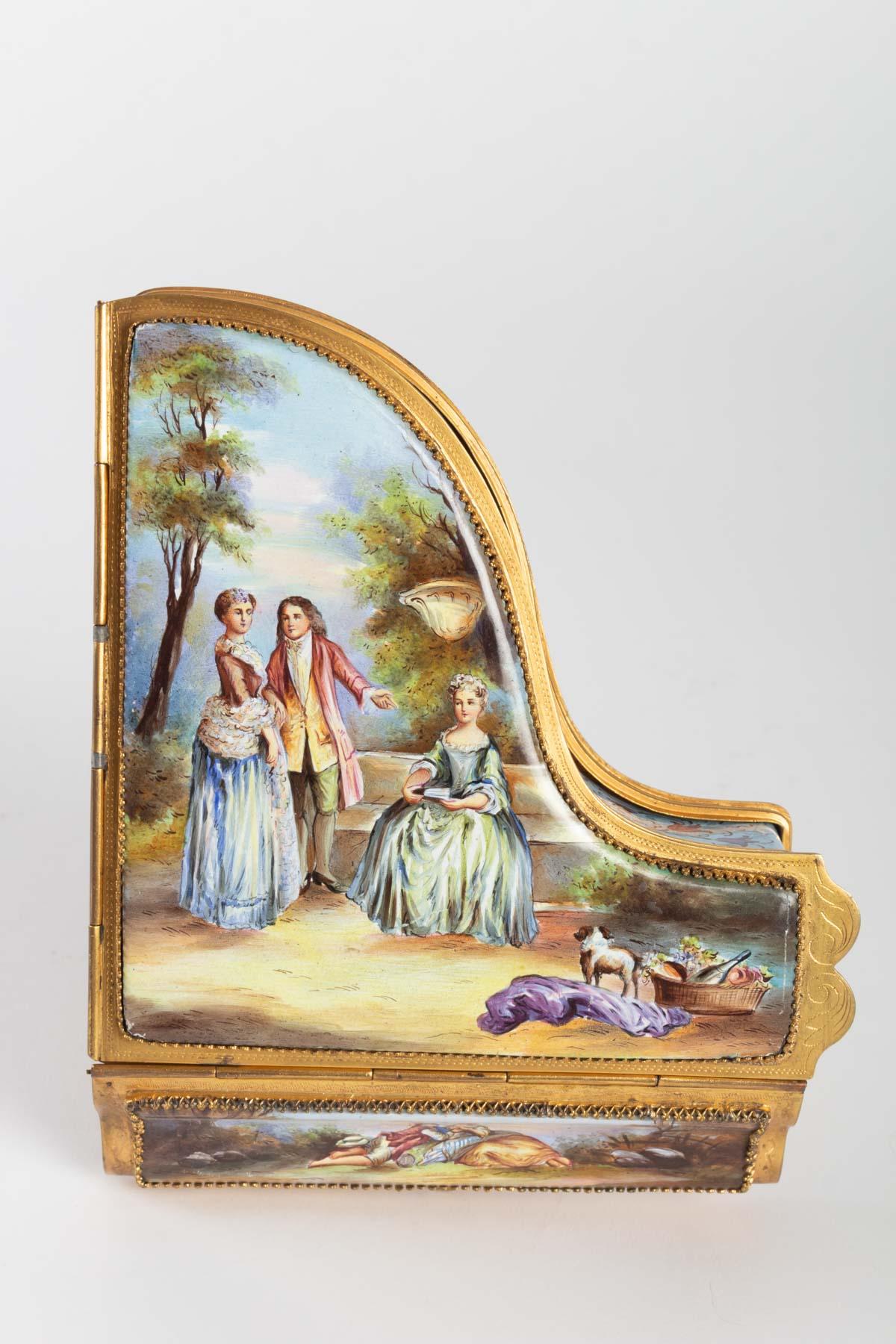 Gilt Miniature Piano, Music Box with Decoration of Gallant Scenes
