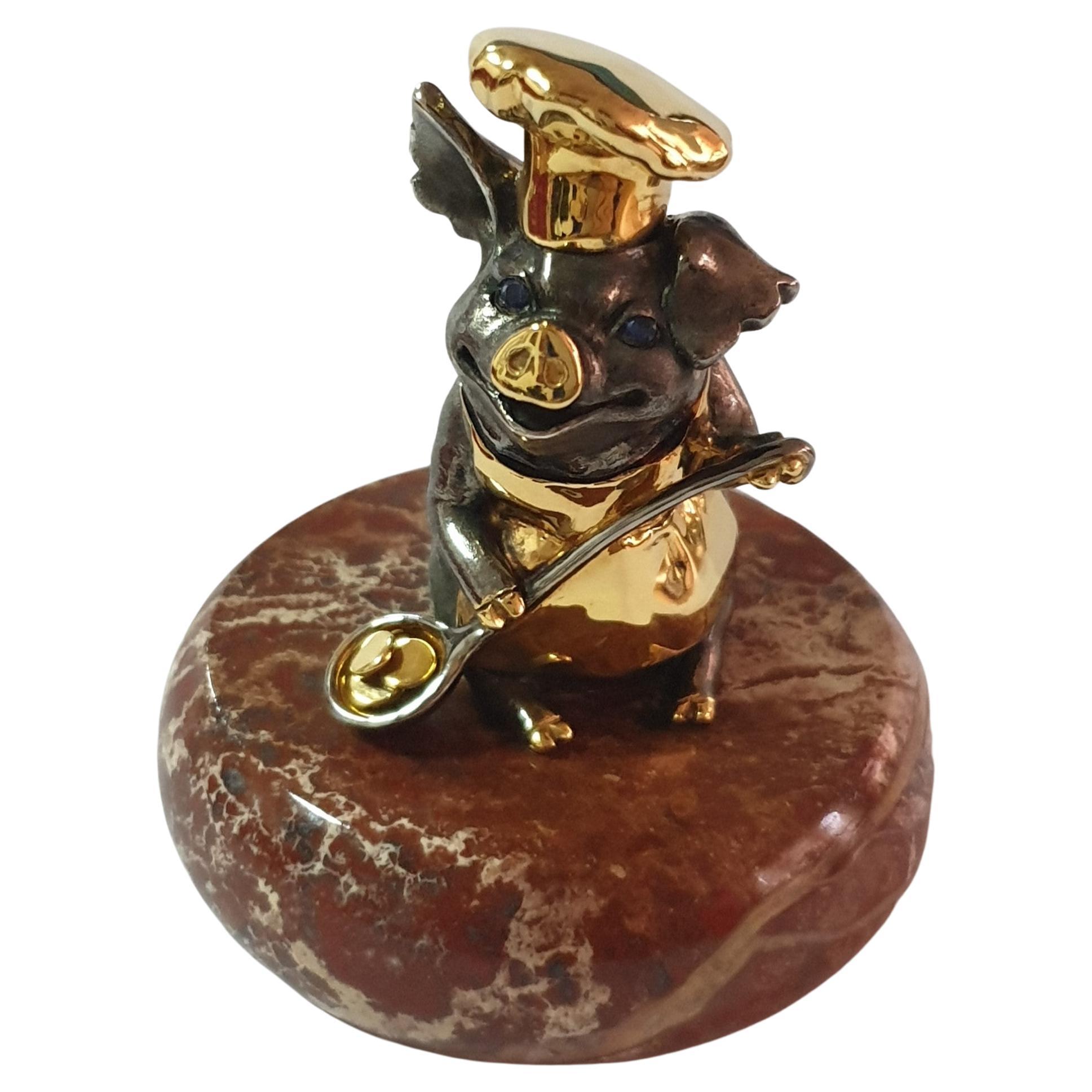 Miniature Pig Chef Talisman Made of Genuine Silver Gold Plated For Sale
