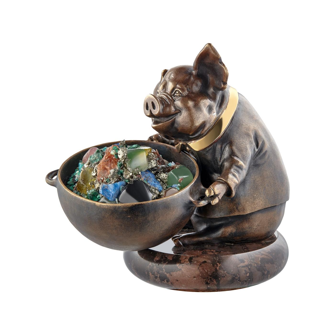 Contemporary Miniature Pig Talisman Bronze Gold Plated Pig with a Gem Hotpot For Sale