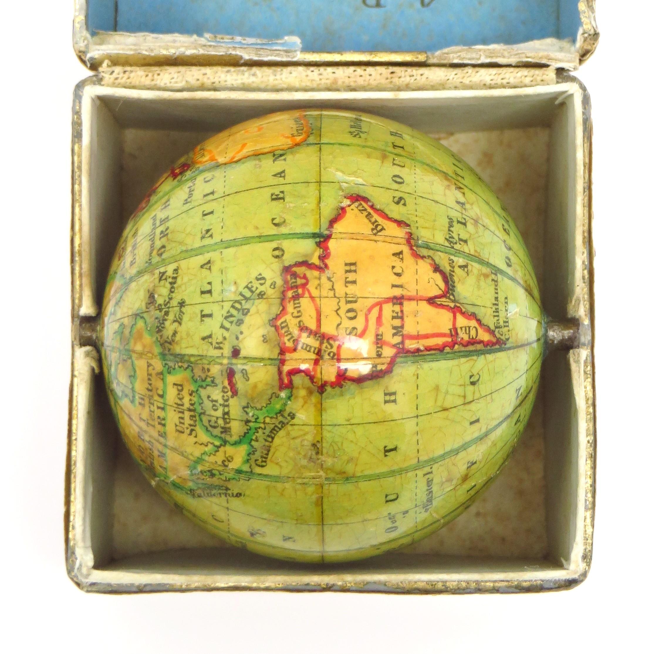Early Victorian Miniature pocket globe in colourful card box For Sale