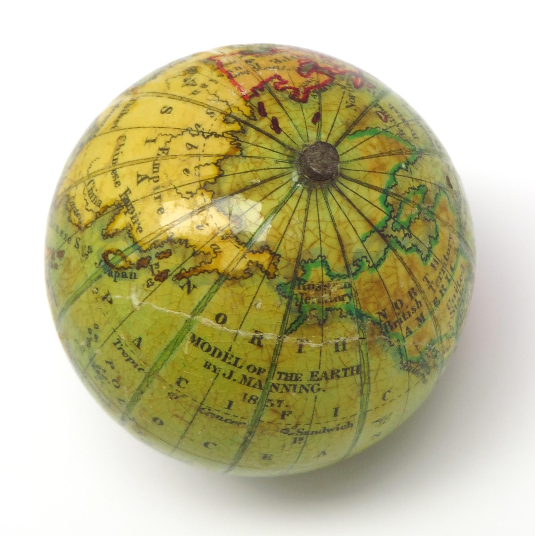 19th Century Miniature pocket globe in colourful card box For Sale