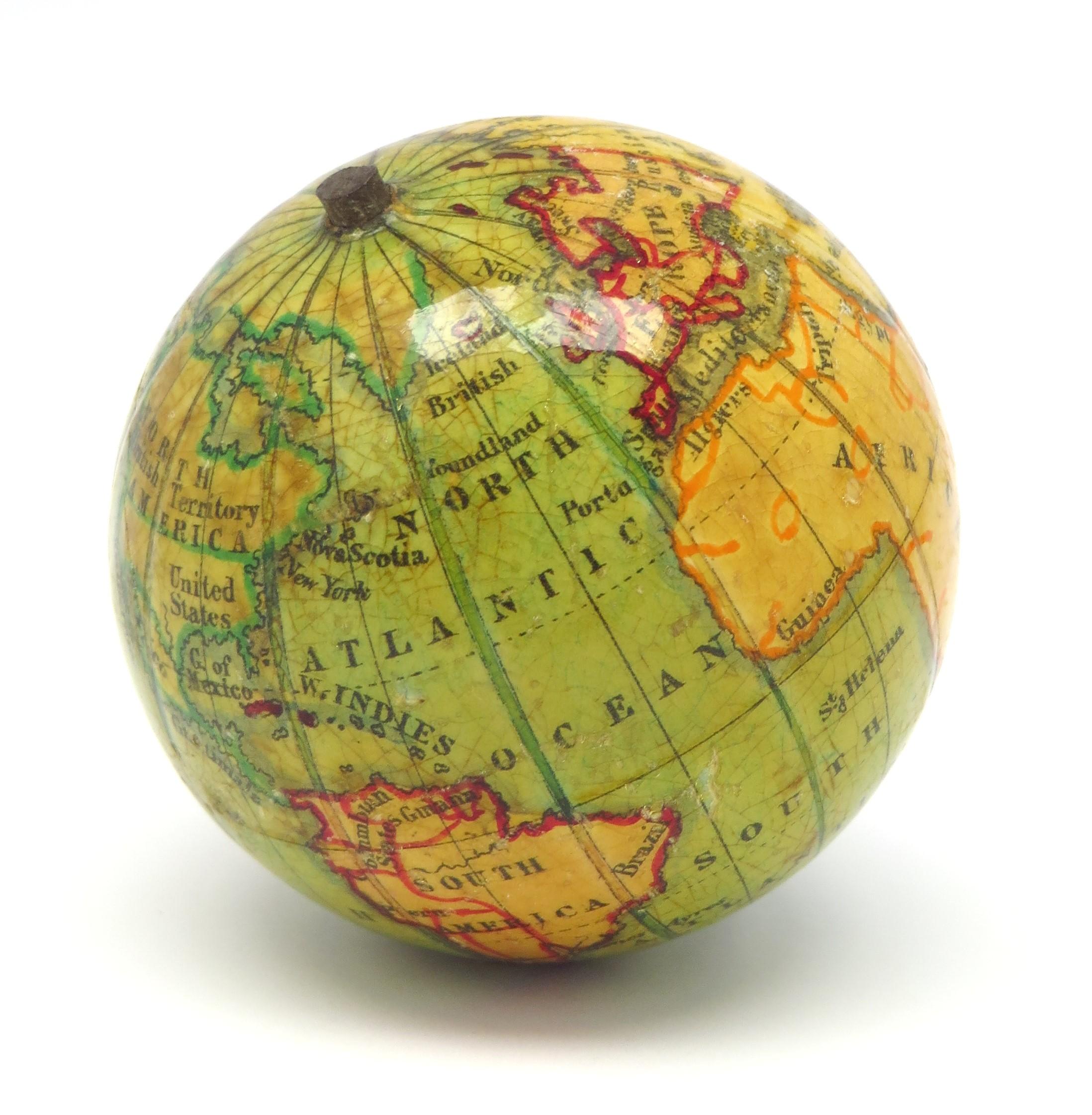 Hardwood Miniature pocket globe in colourful card box For Sale