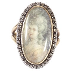 Miniature portrait navette ring in gold 18k and silver, Georgian navette ring