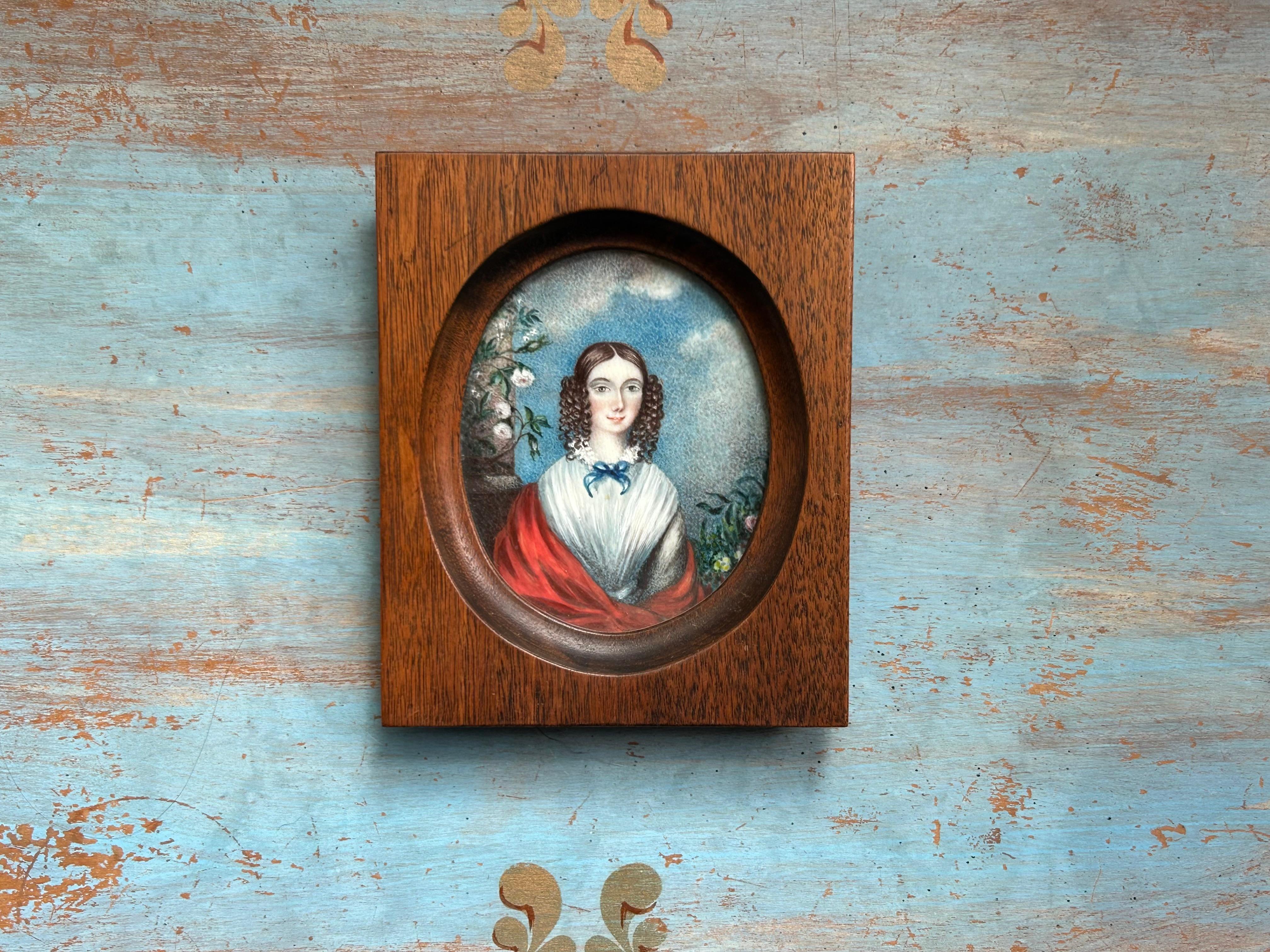Colonial américain Portrait miniature d'une jeune fille, 19e siècle en vente