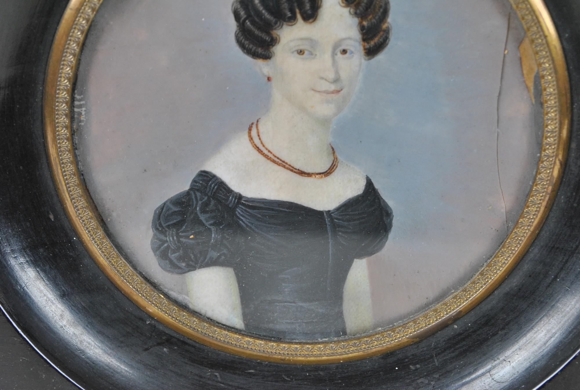 19th Century Miniature, Portrait Of Woman With Necklace, XIXth Century For Sale
