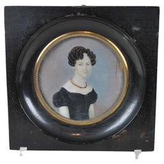 Antique Miniature, Portrait Of Woman With Necklace, XIXth Century