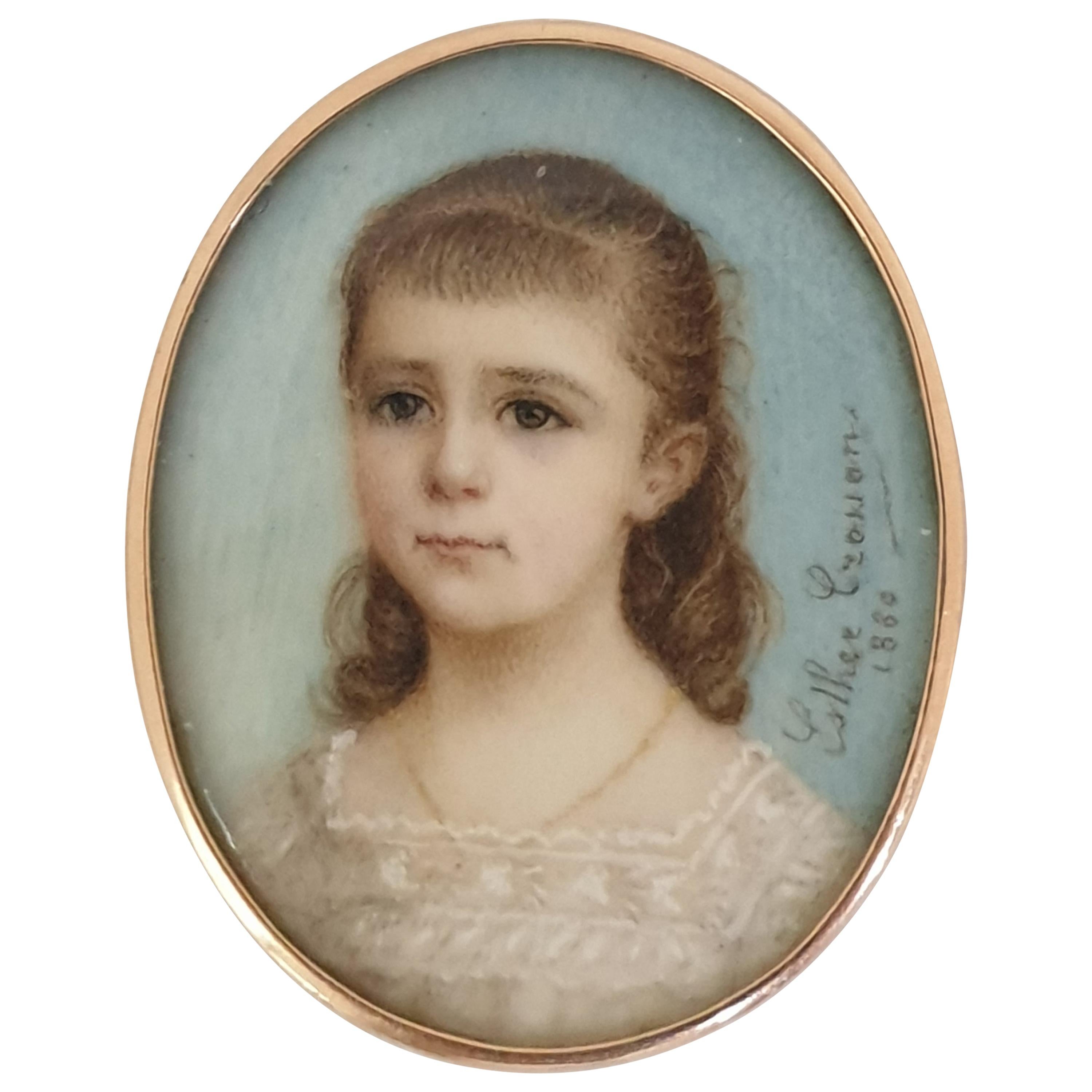 Miniature Portrait of Young Girl 18 Karat Gold Frame For Sale