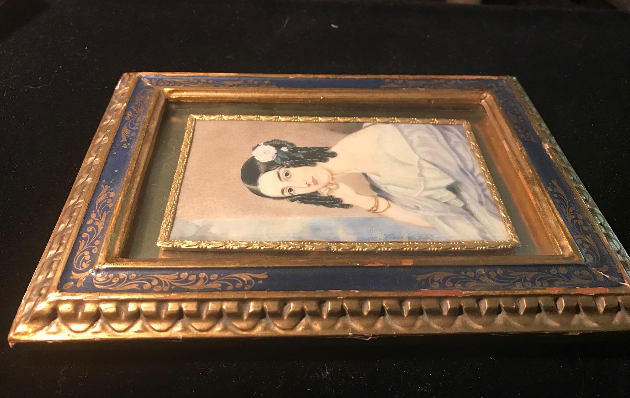 19th Century Miniature Portrait Painting, Biedermeier Young Lady, Dated and Signed, Vienna