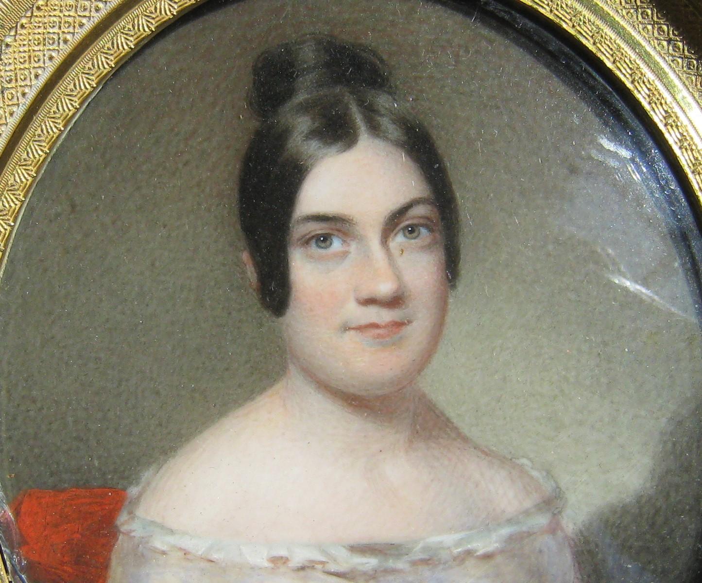 Victorian Miniature Portrait Painting Lovely Woman circa 1840 Travel Frame For Sale