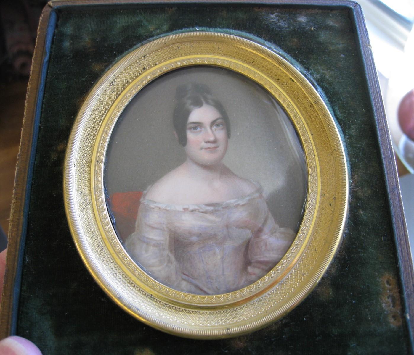 19th Century Miniature Portrait Painting Lovely Woman circa 1840 Travel Frame For Sale