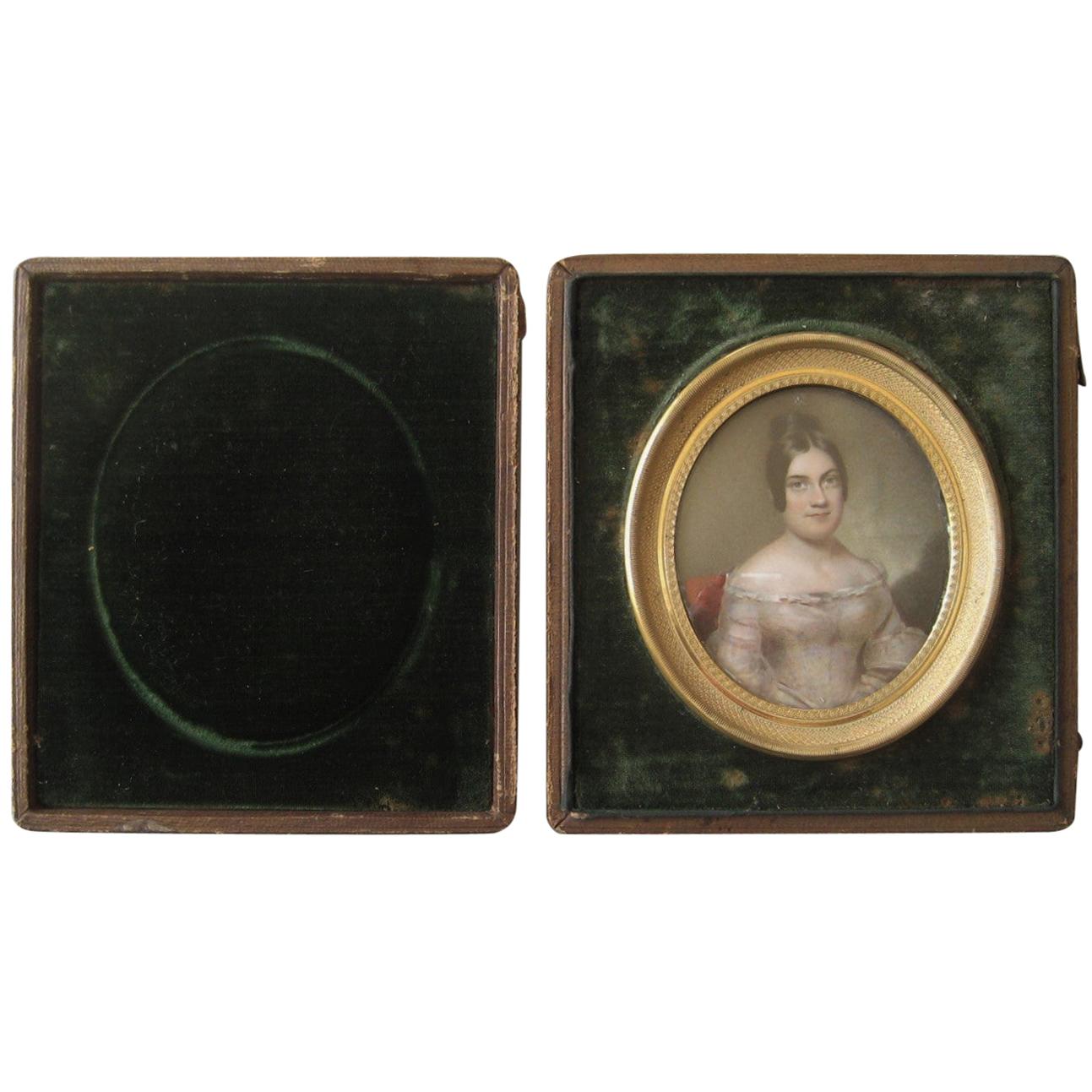 Miniature Portrait Painting Lovely Woman circa 1840 Travel Frame For Sale